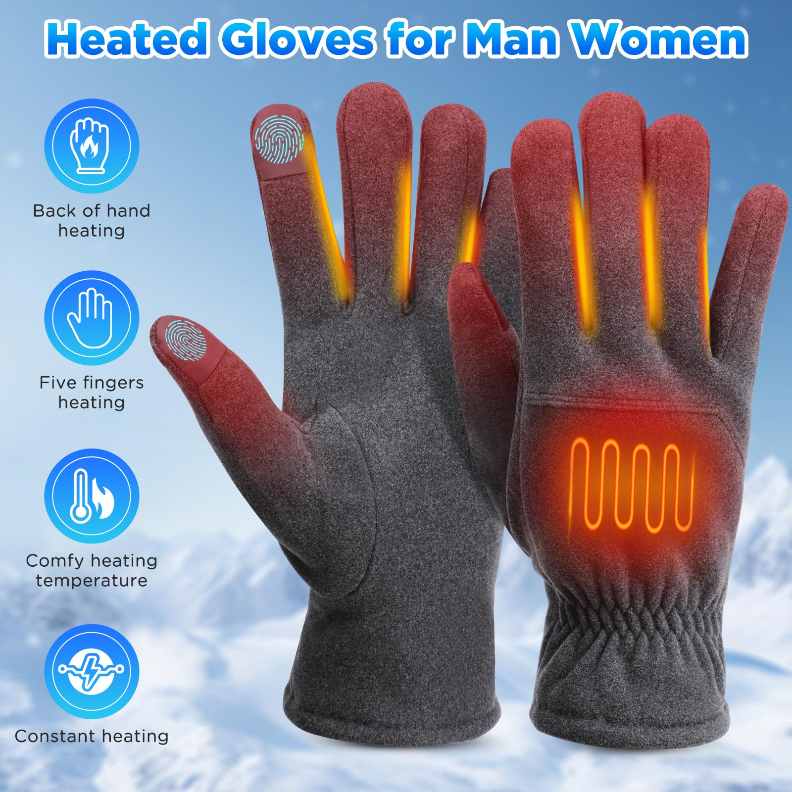 USB Beheizte Handschuhe für Damen und Herren, Aceshop Winter Vollfinger Beheizte Fäustlinge Waschbar Beheizbare Handschuhe Winterhandschuhe mit 3 Stufentemperaturen & Handrücken & 5 Finger Heizung Fashion