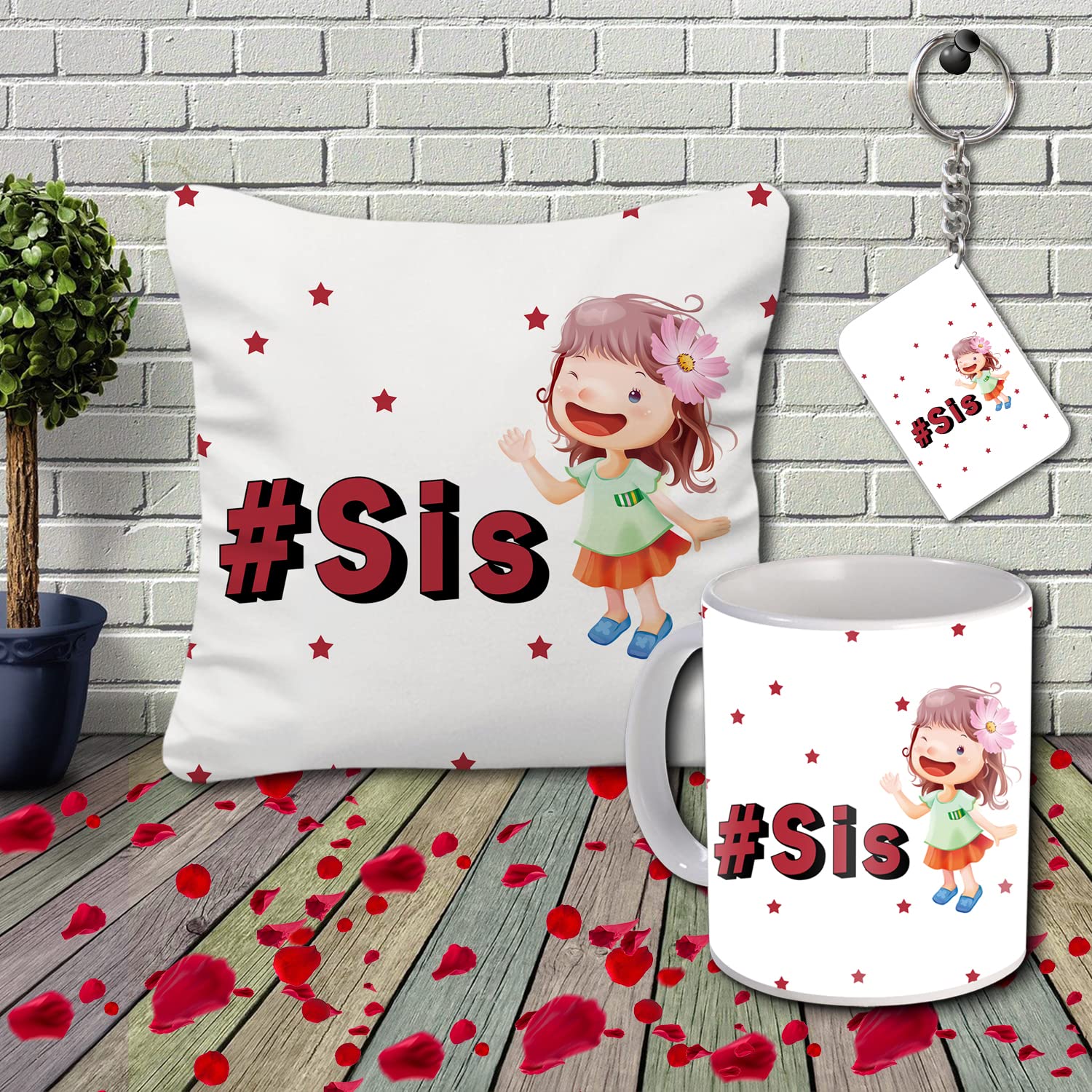 AWANI TRENDS Sweet Gifts for Sister | Gift Combo for Cute Sis| Sister Gift Hamper | Gift for Birthday Special, Anniversary, Rakhi| Combo Gift with Quoted Cushion, Ceramic Mug & Keychain