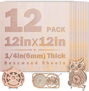12 Pack Basswood Sheets 1/4 inch,12x12x1/4Iinch Plywood Sheets,6mm Basswood for Laser Cutting,Laser Engraving Blanks,Thin Natural Unfinished Wood for Crafts,Wood Burning 12pack-12x12 1/46mm Thick