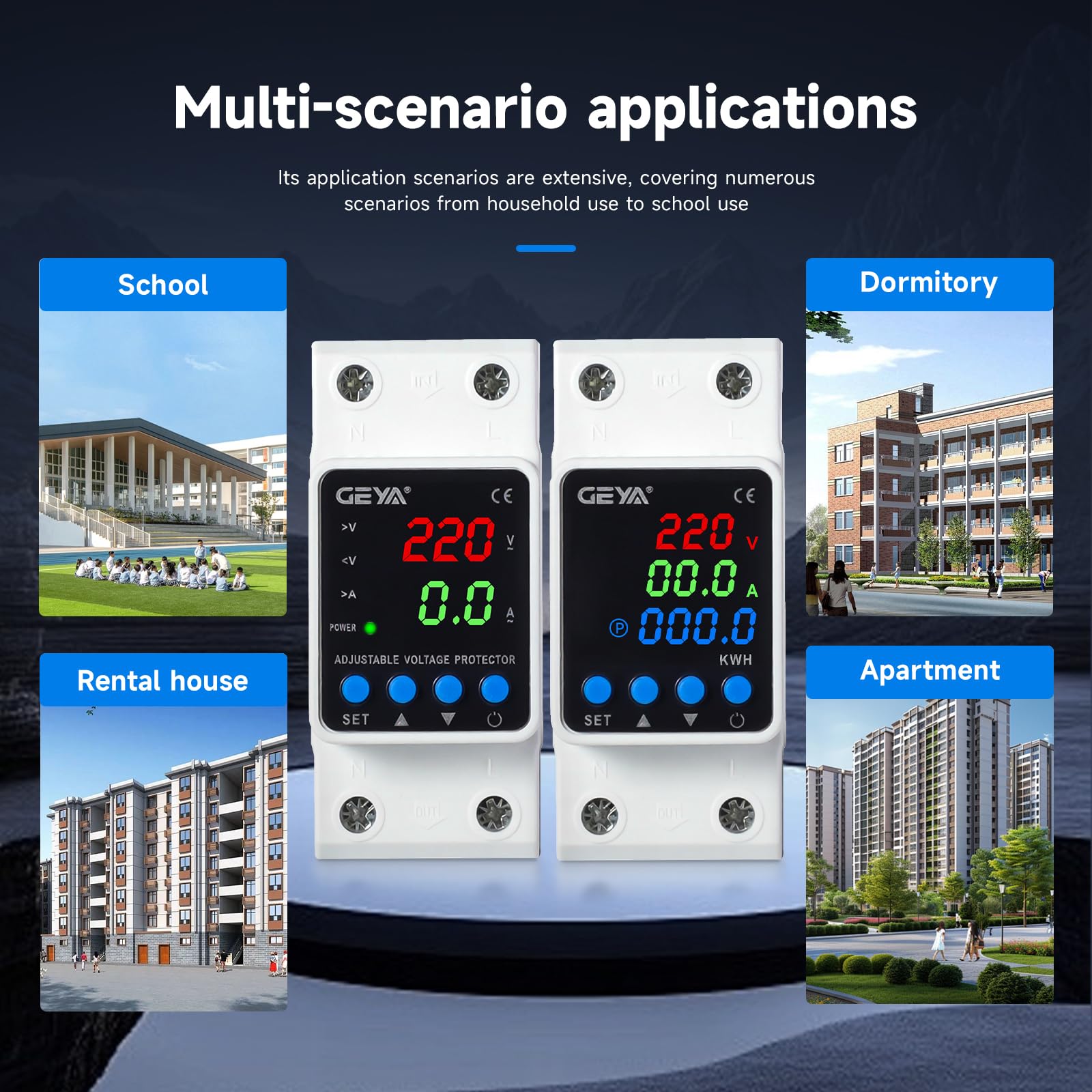 GEYA Dispositivo di protezione da sovratensione e sottotensione regolabile Display digitale Protezione tensione corrente KWH 220V Guida DIN(GPS6-VA5,63A)