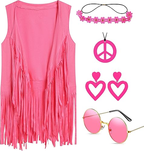70s Hippie Costume Women, 5 Pcs 60s 70s Outfits Fringe Vest Hippie Accessories Halloween