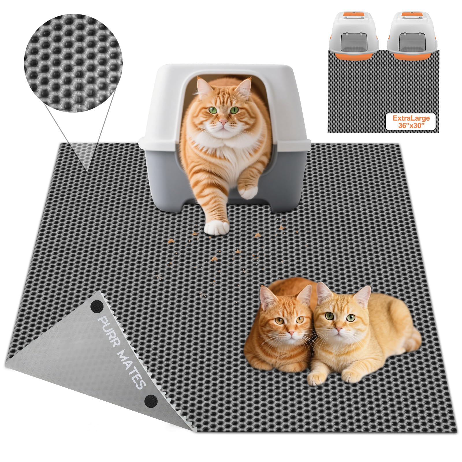 XL Extra Large Cat Litter Box Trapping Mat with Honeycomb Catcher for Indoor Kitty 36x30 Inch, Waterproof and Washable Easy Clean, Anti Tracking from Paws Mess Free, Heavy-duty Non slip