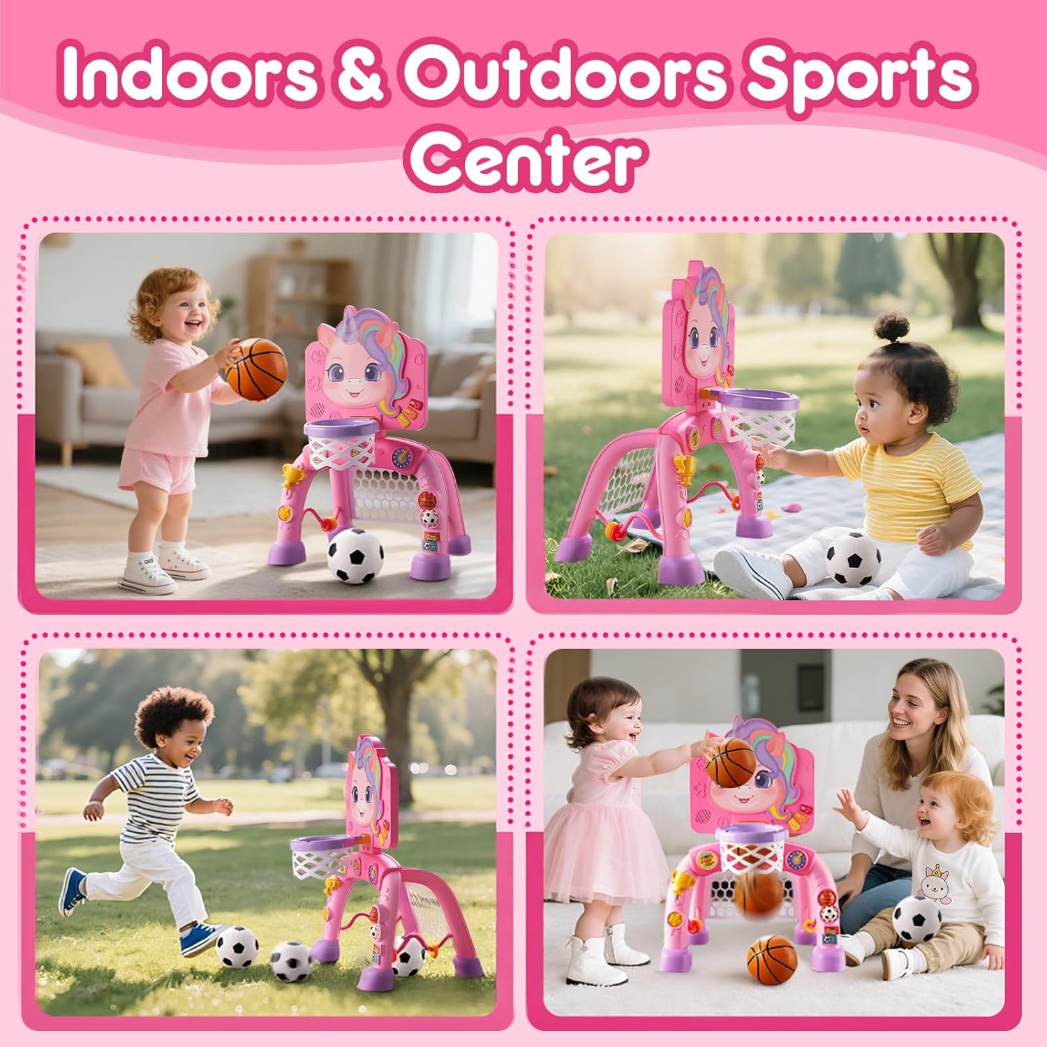 Toddler Basketball Hoop & Soccer Goal Activity Center, Interactive Toys with Light Music,Unicorn Toddlers Musical Toys Gift, Baby Birthday Easter Gifts Gift for 1 2 3 Year Old Boys Girls
