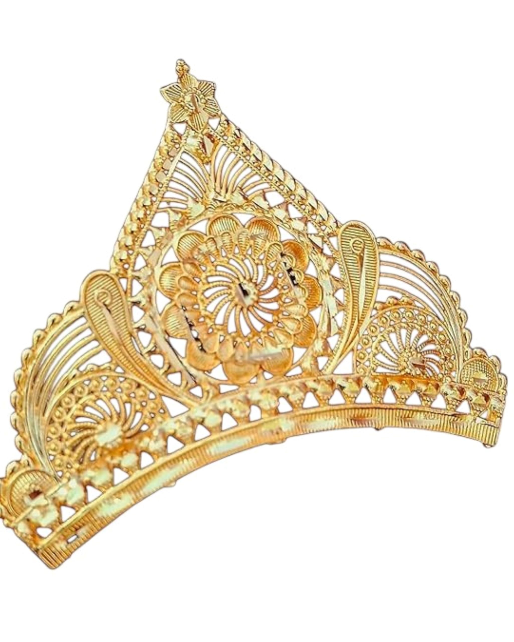 fancy trendy golden crown mukut for bengali bride women | bridal wedding taj hair accessories for dulhan | gold plated dance tiara for girls | big size mutuk for god laddu gopal, krishna and goddess devi dura maa