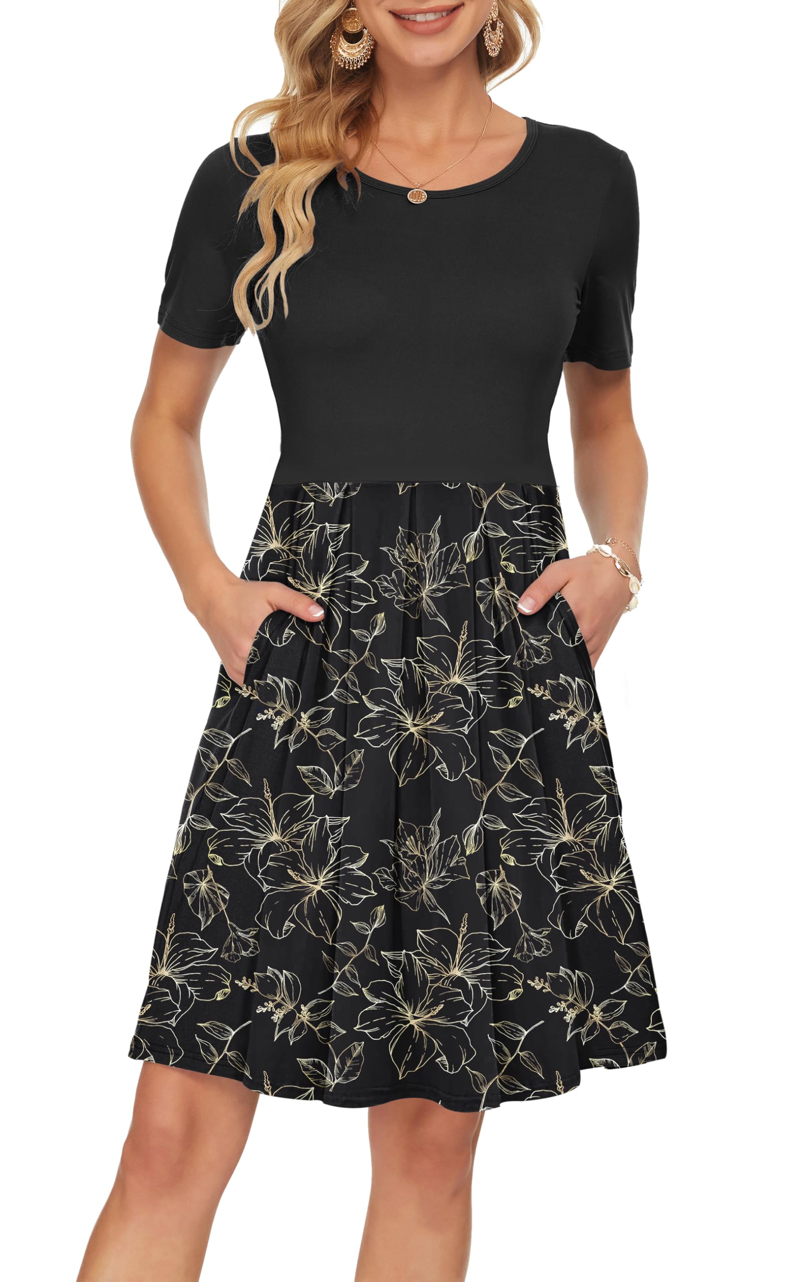 AUSELILY Women's Short Sleeve Summer Dress Pleated Loose Swing Knee Length Dresses with Pockets 2026 New