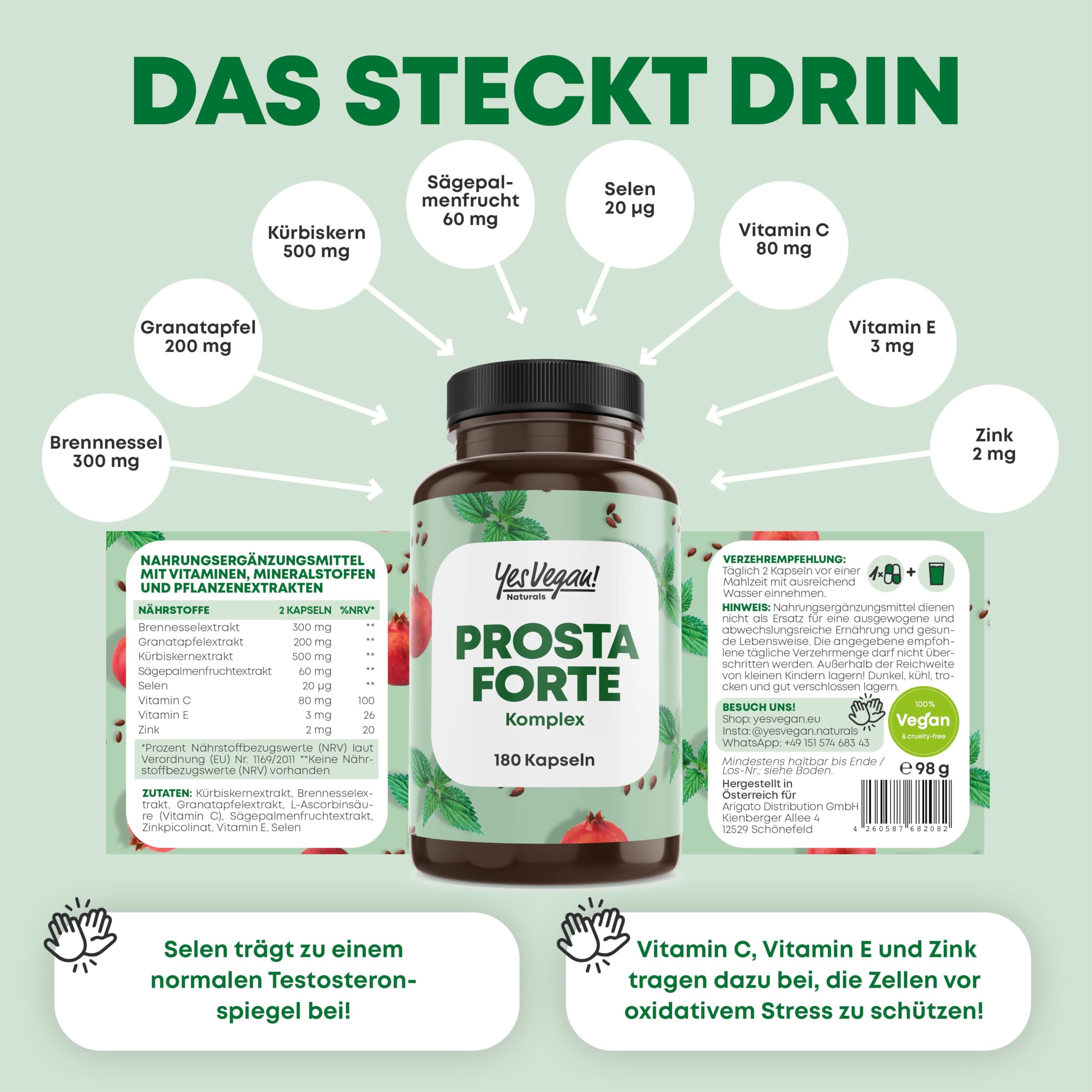 Prosta Forte Kapseln hochdosiert (180 Kapseln) u.a. aus Kürbiskern, Brennnessel, Granatapfel, Sägepalmenextrakt, Selen uvm. – Vegan