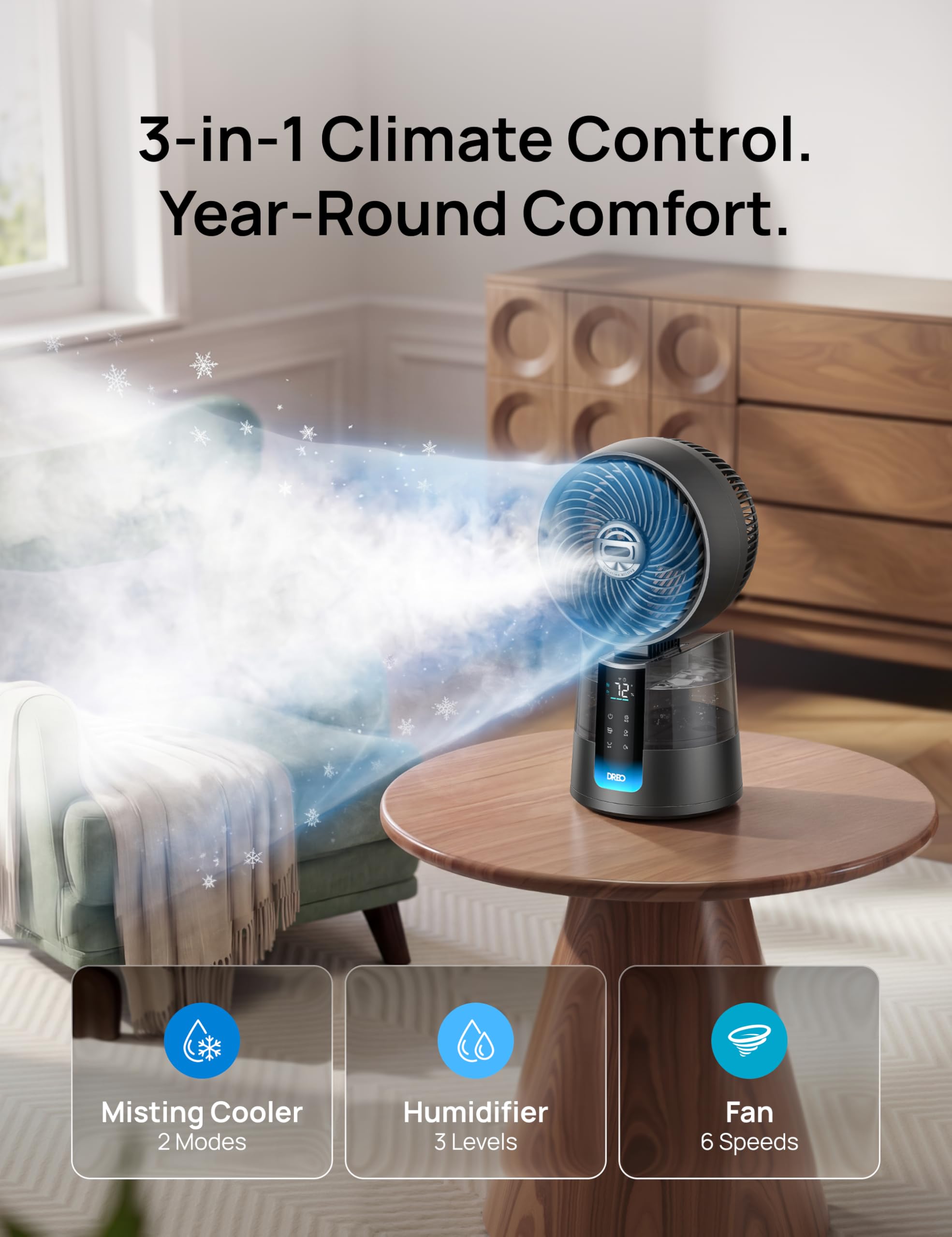 Dreo TurboCool Ventilador 516S, ventilador mesa oscilación 150° + 30°, enfriador evaporativo 7,9 m/s, niebla ultrafina, silencioso 20 dB, 6 velocidades, 2 modos, control app + mando.