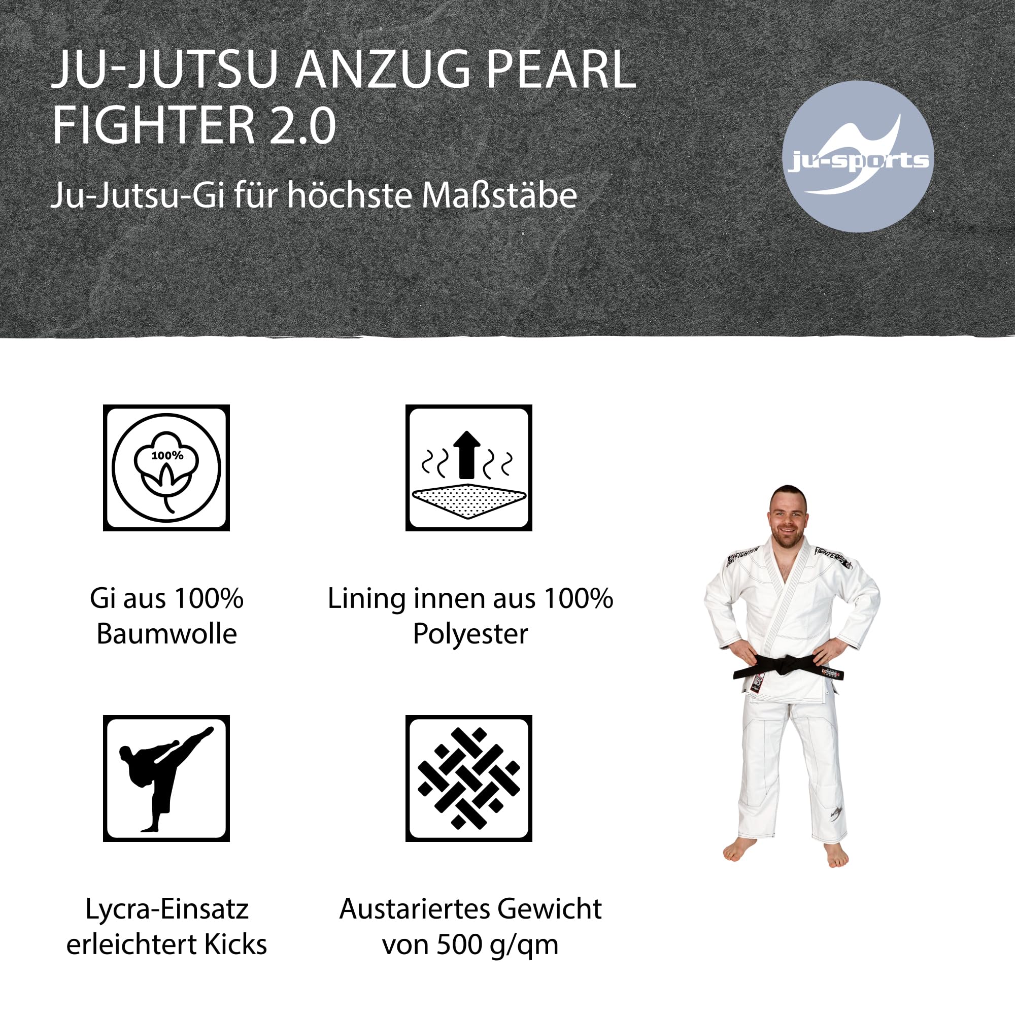 Ju-Sports Pearl Fighter 2.0 Jujutsu Anzug Herren weiß - Superleichter Gi für hohe Kicks 100% Baumwolle, Sportlicher Schnitt & topmodernes Design