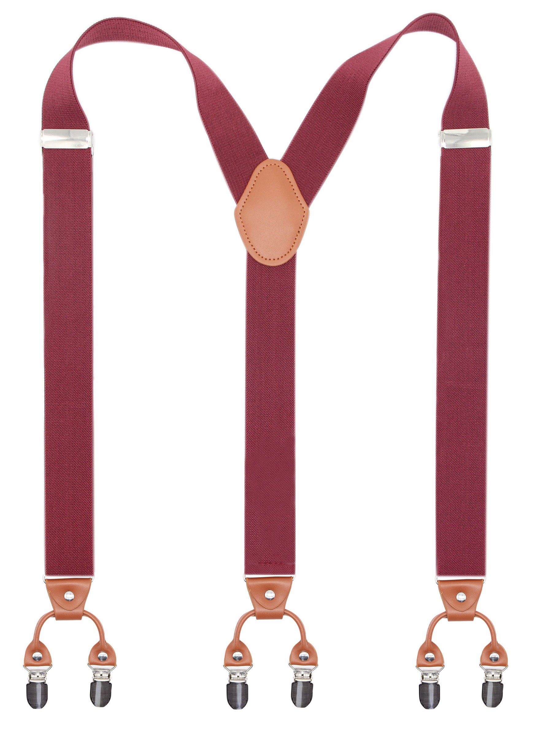 Bioterti Menââ‚¬â„¢s Y-Shaped Heavy Duty Suspenders ââ‚¬â€œ 6 Metal Clips, Elastic Straps (Burgundy)