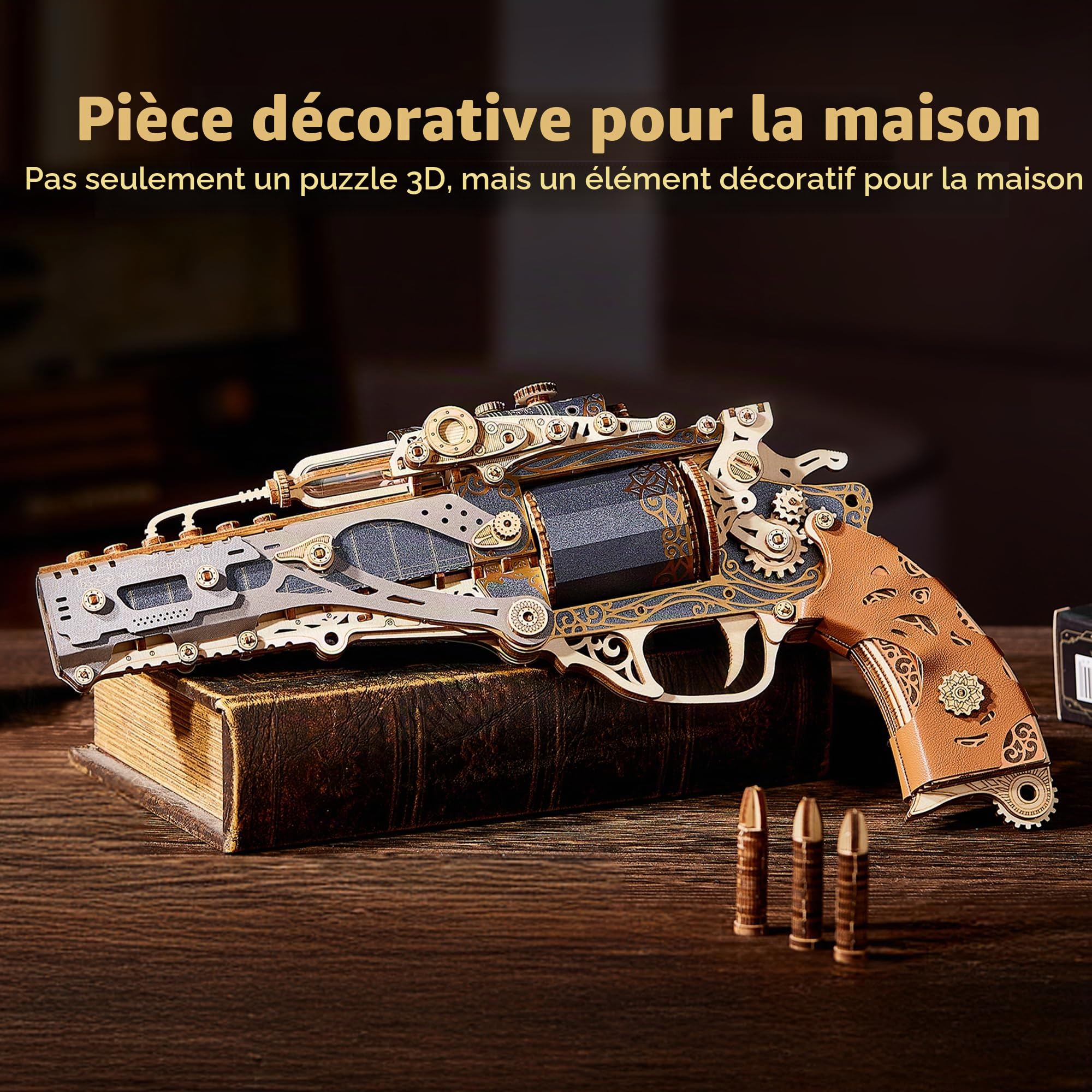 FUNPOLA Puzzle 3D en Bois Revolver Steampunk – Kit d’Assemblage DIY Revolver mécanique, Cadeau créatif et Unique pour Adultes et Adolescents (Noir)