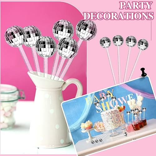 Miniatura 6 de Sawysine 24 unidades de bolas de discoteca agitadores de cóctel, bola de discoteca plateada, palitos decorativos de 8 pulgadas, bola de espejo de