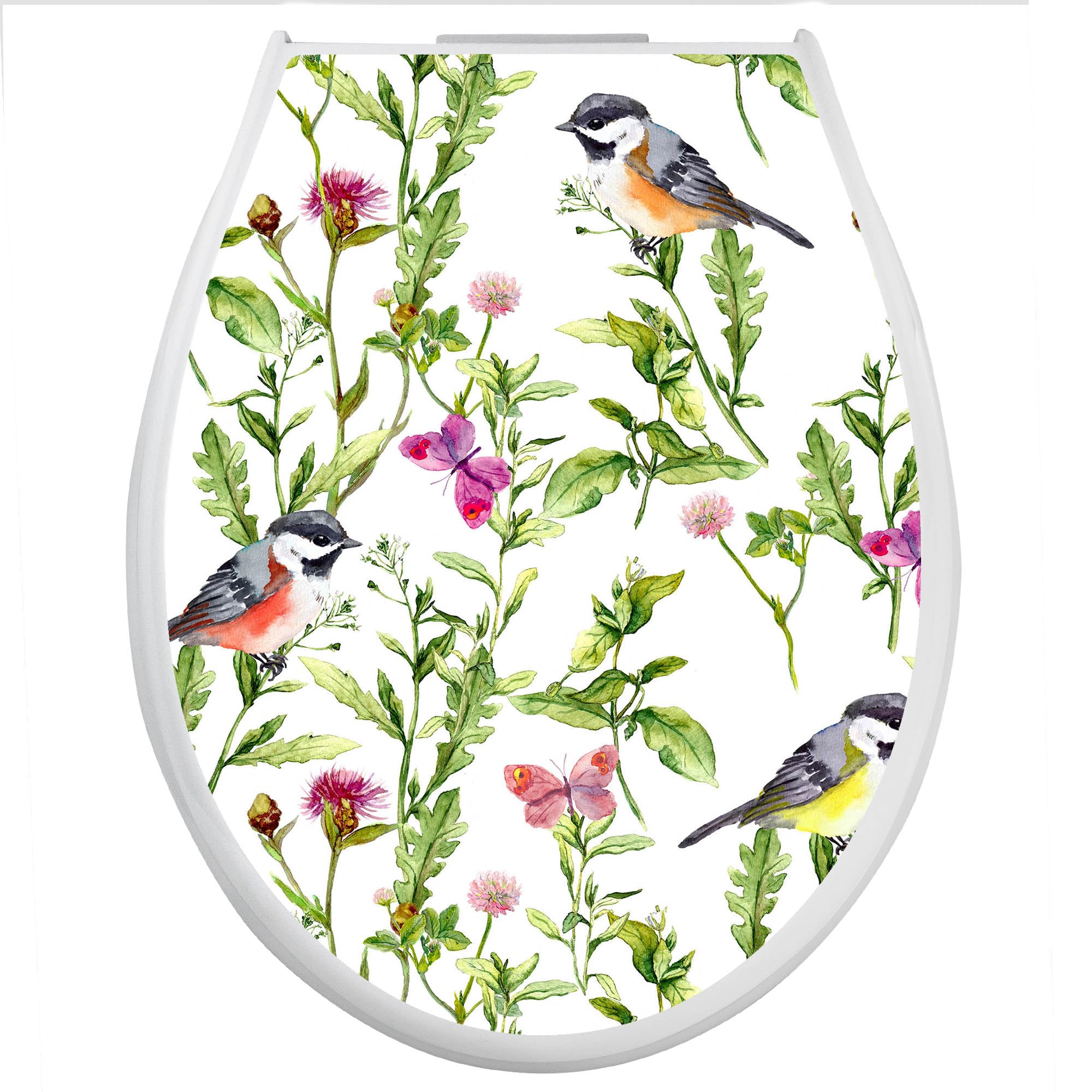 banjado Familien WC Sitz mit Absenkautomatik 44,9x37,1cm - Klobrille mit Kindersitz aus hochwertigem Polypropylen - Toilettendeckel mit Kinder Toilettensitz integriert - Motiv Meisen im Klee