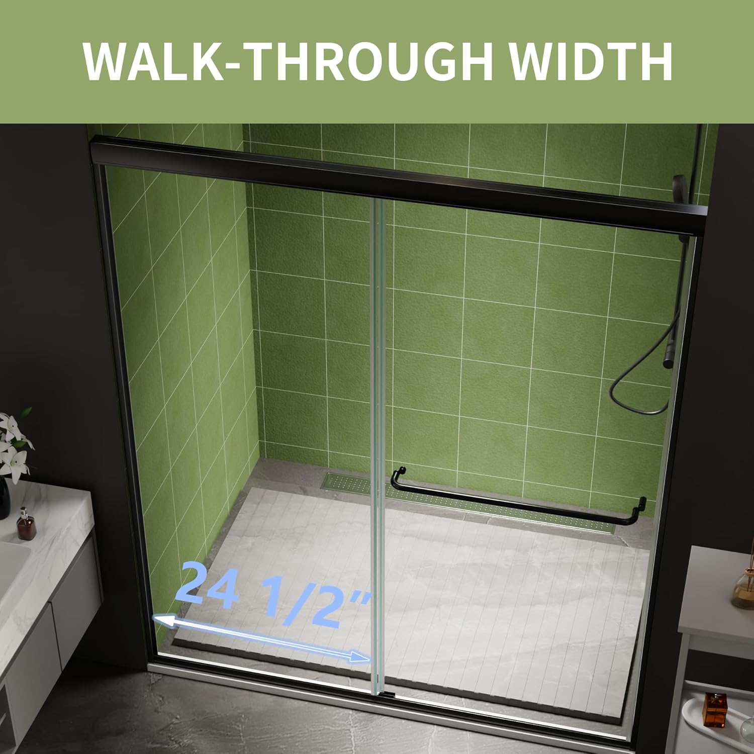 Image illustrating the walk-through width of the shower door, showing a measurement of 24 1/2 inches.