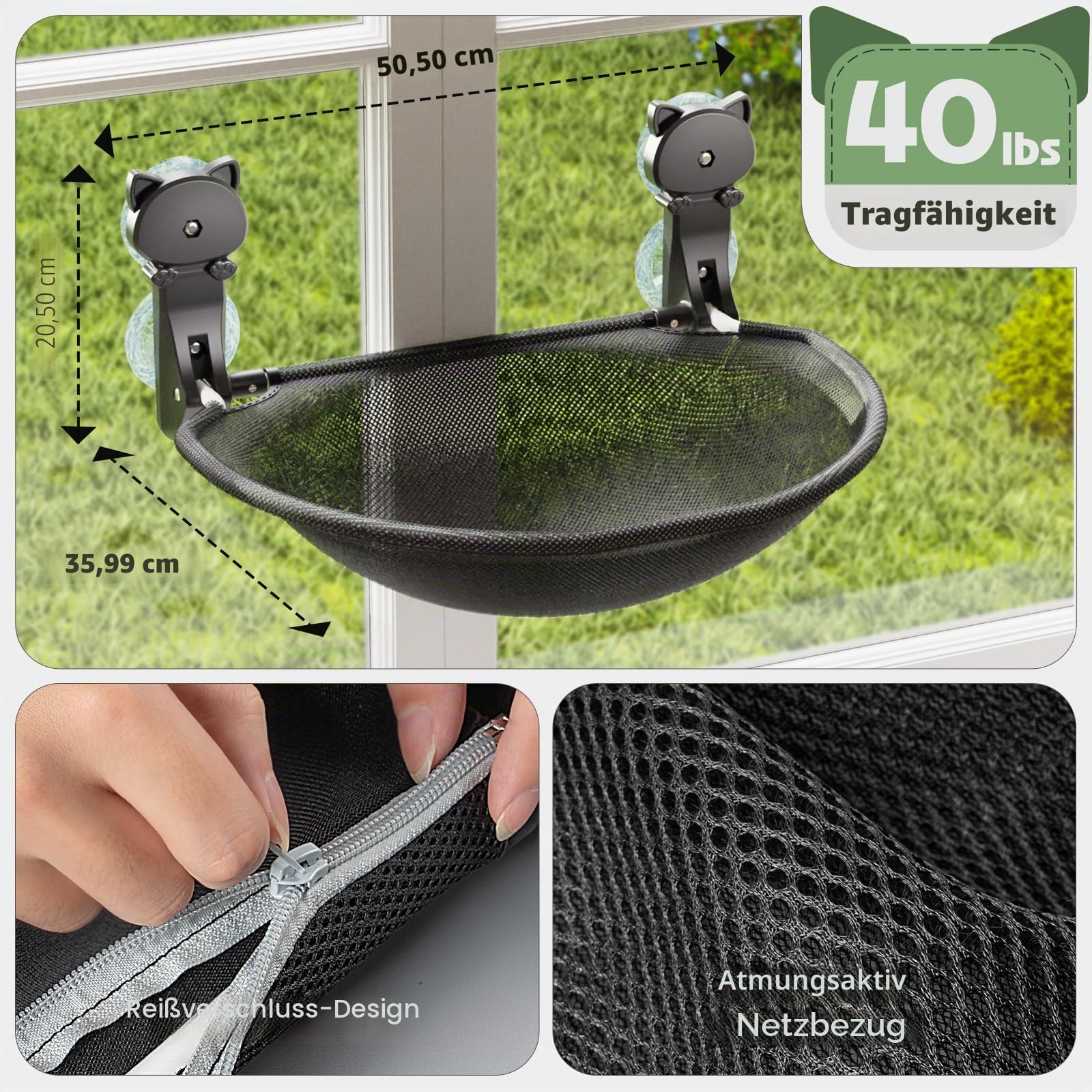 JUNSPOW Fensterbank für Katzen, Zusammenklappbare & stabile Katzenbetten - Atmungsaktive Katzen-Fensterhängematte zum Überwachen, Sonnenbaden und Klettern - hält maximal bis zu 18kg