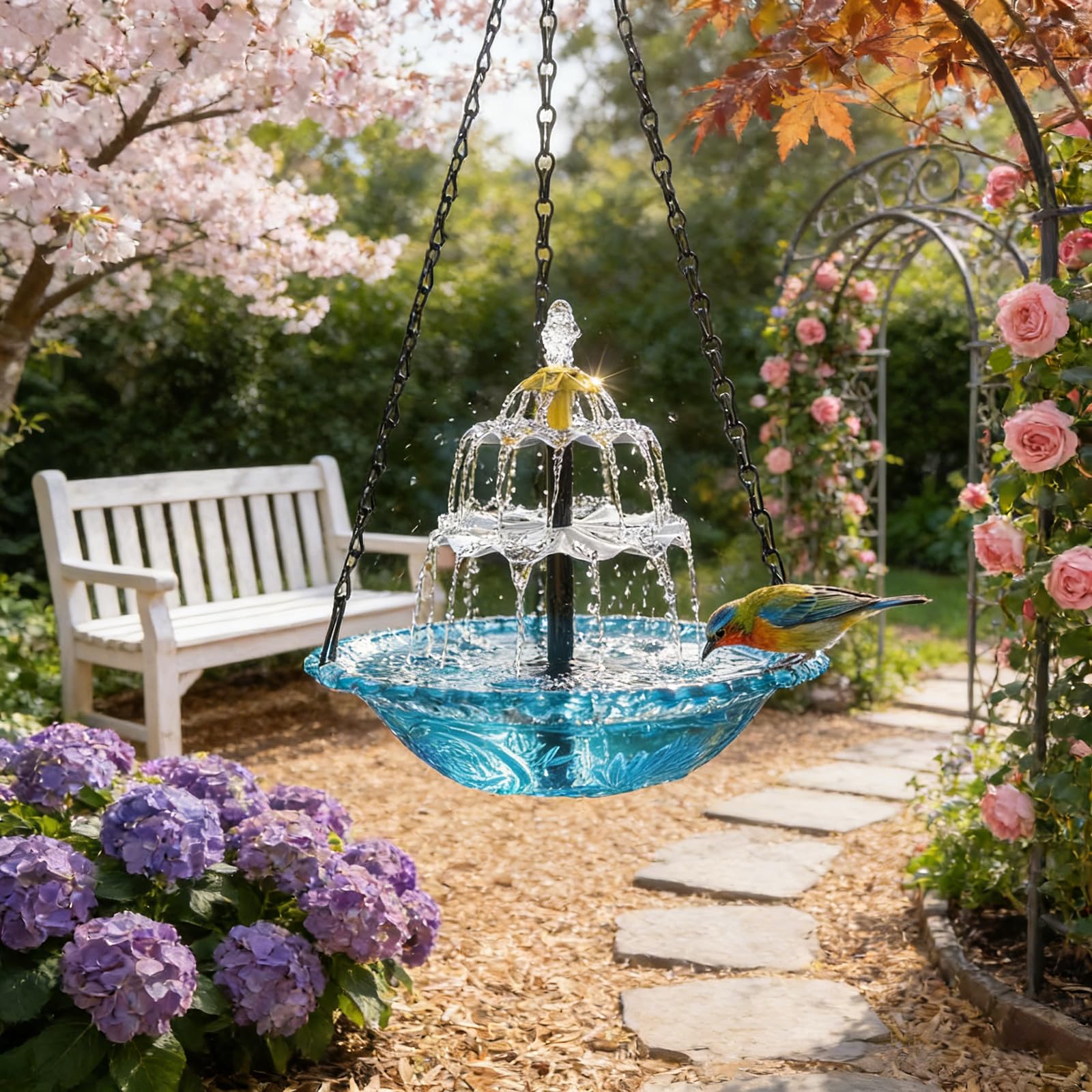 Zfflyh Blue Solar Powered Hanging Bird Bath Fountain, Hanging Bird Bath Fountains Solar Power Outdoor Solar Powered Bird Bath For Deck Patio Yard Lawn, Attracts Hummingbirds,
