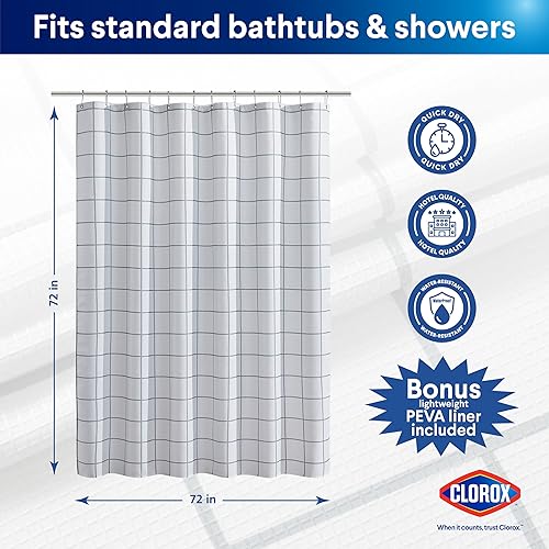 Miniatura 2 de CLOROX Cortina de ducha con patrón de panel de ventana de gofres para baño, juego de forro de PEVA impermeable y ligero, tamaño estándar, ojales de