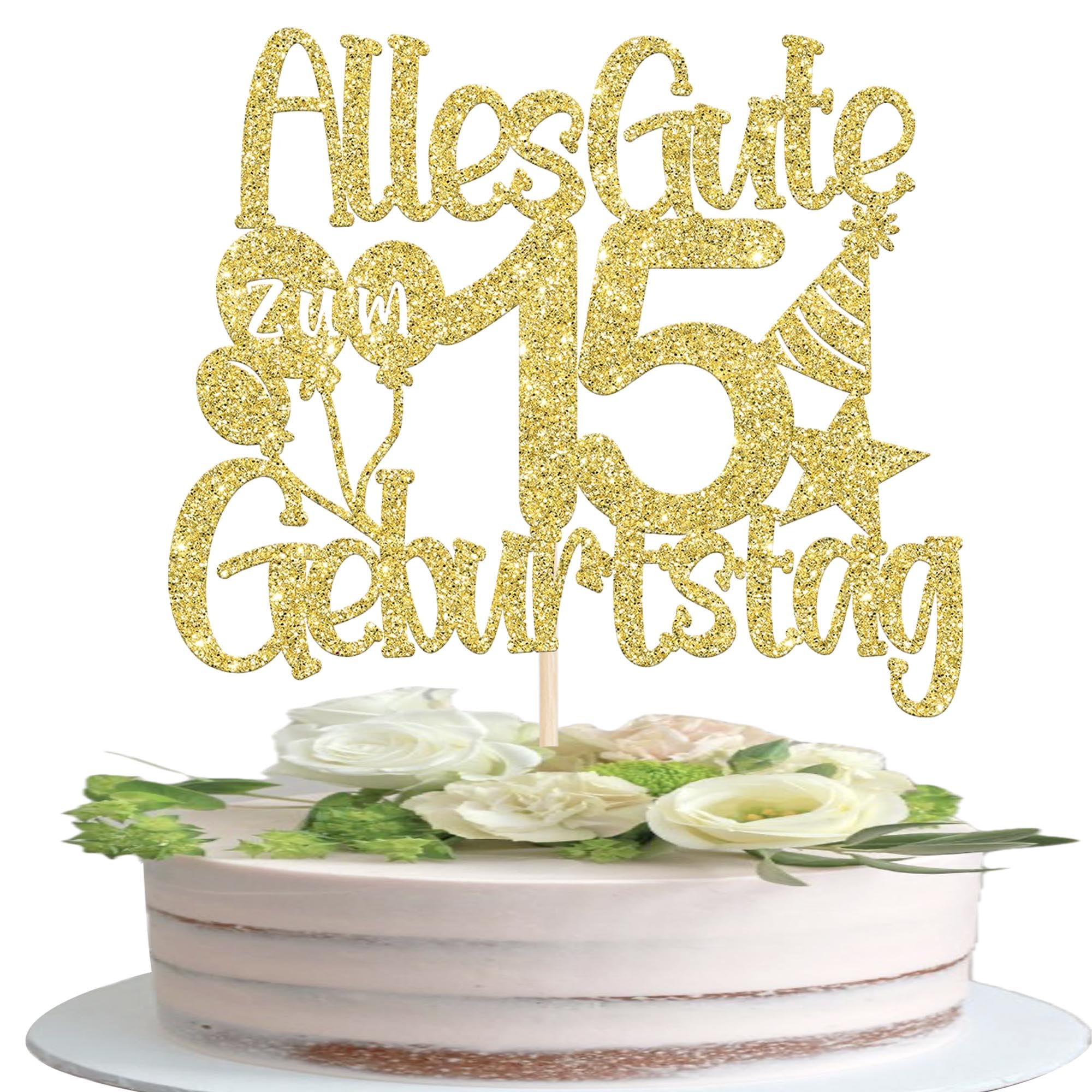 1 Stück 15th Geburtstag Tortendeko Alles Gute zum 15 Geburtstag Kuchen Deko Happy Birthday Cake Topper Luftballon Hut Muster Kuchendeko für Junge Mädchen 15th Party Kuchen Dekoration Gold