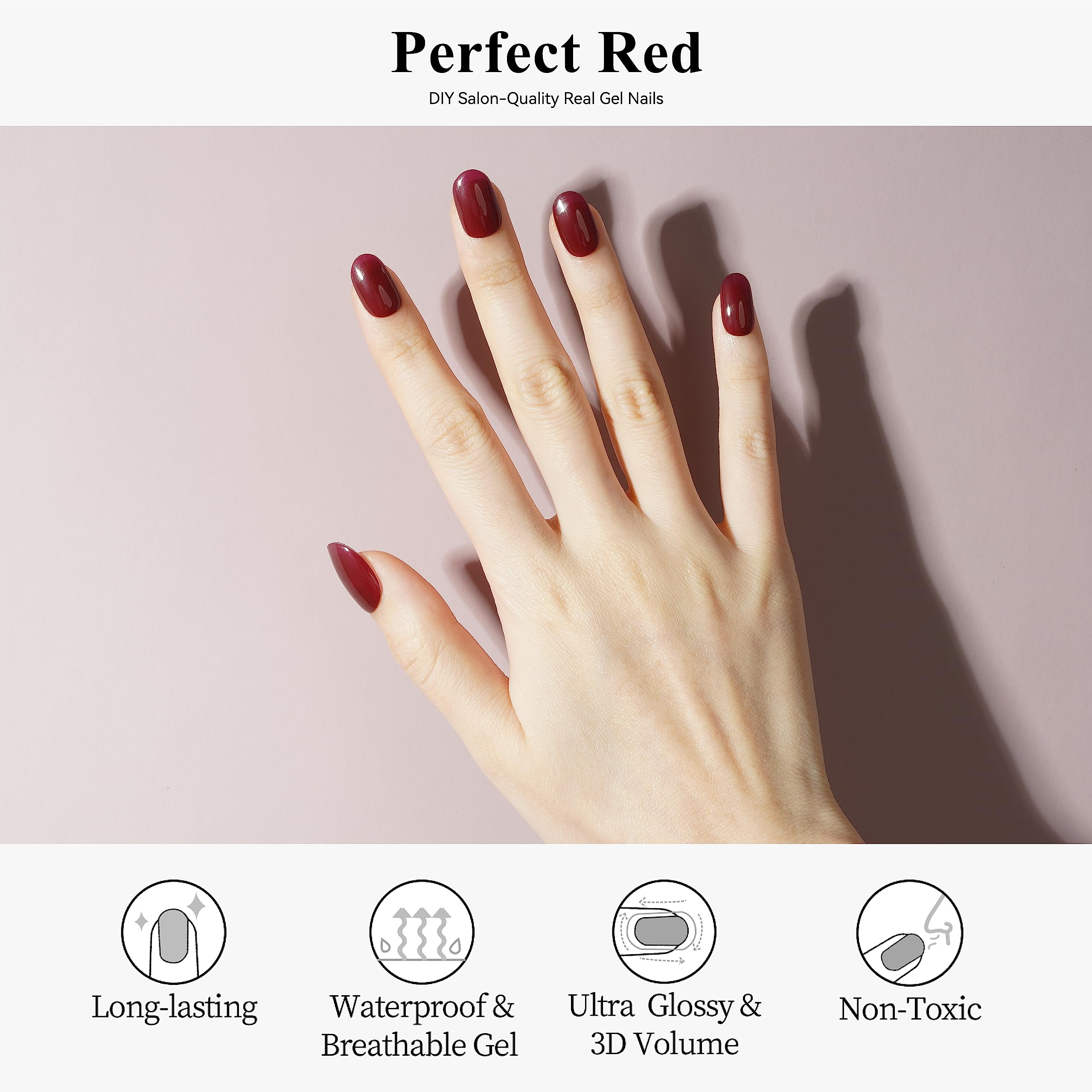 Drizzle Semi Cured Gel Nail Strips, Real Nail Polish Art Stickers (UV/LED Light Required), Glossy, Glitter, Solid Color, Full Nail Wraps Long Lasting, Nail Strips Decal for Women (Perfect Red)