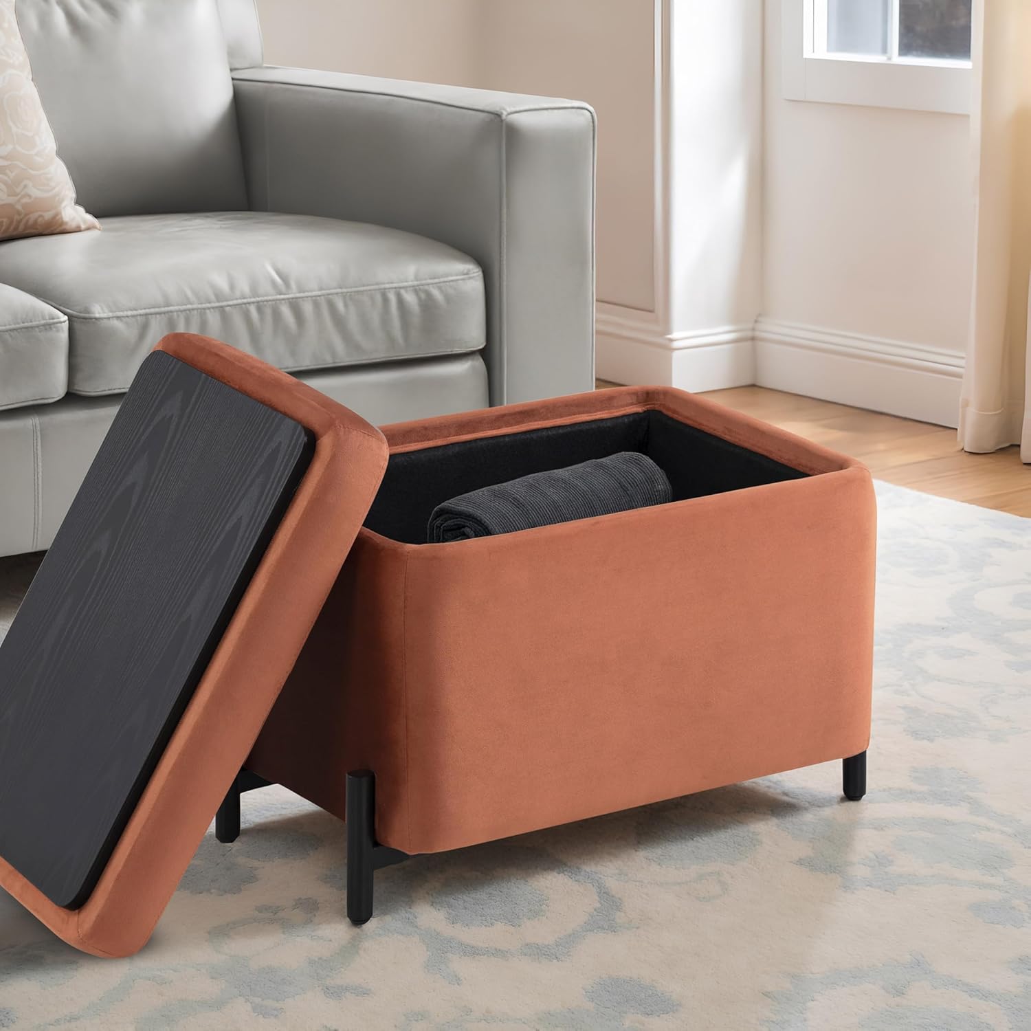 Studio Living® Connor 24" Small Storage Ottoman, Modern Boho, Matte Black Metal Legs, Velvet Fabric, Rust