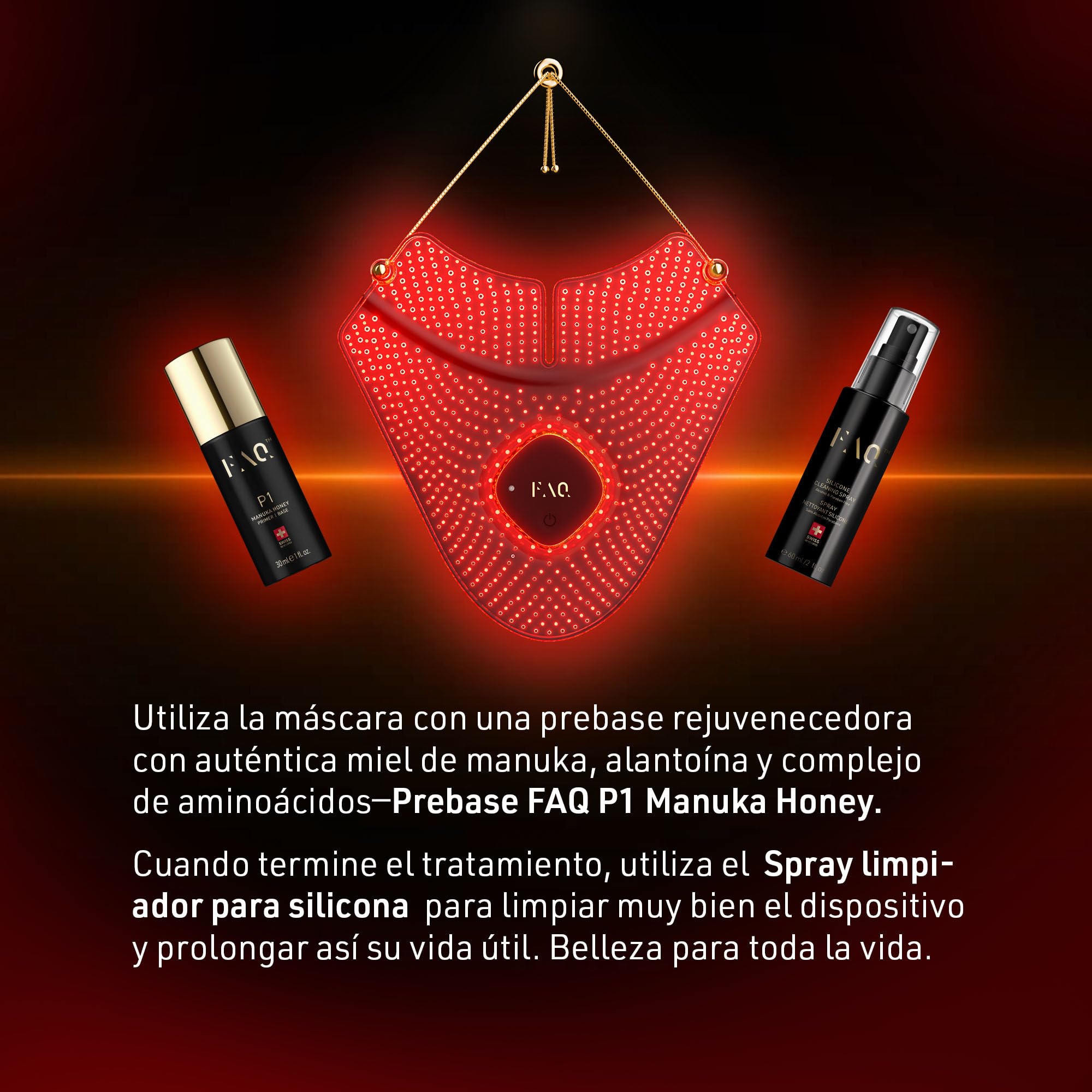 FAQ 211 Máscara antiedad de silicona para cuello y escote con 7 luces LED + NIR - Skincare para líneas de expresión y arrugas - Dispositivo inalámbrico y ligero - Ajuste flexible y cobertura total
