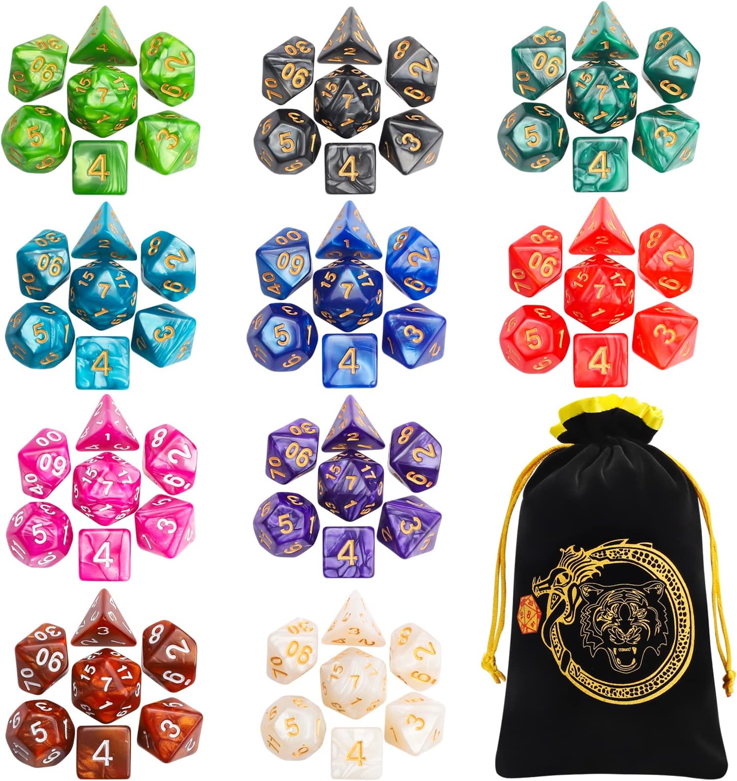CiaraQ Polyhedral Dice Set with a Big Black Drawstring Pouch, 10 Complete Dice Sets?70 Pieces? of D4 D6 D8 D10 D% D12 D20 Compatible with Dungeons and Dragons DND RPG MTG Table Games