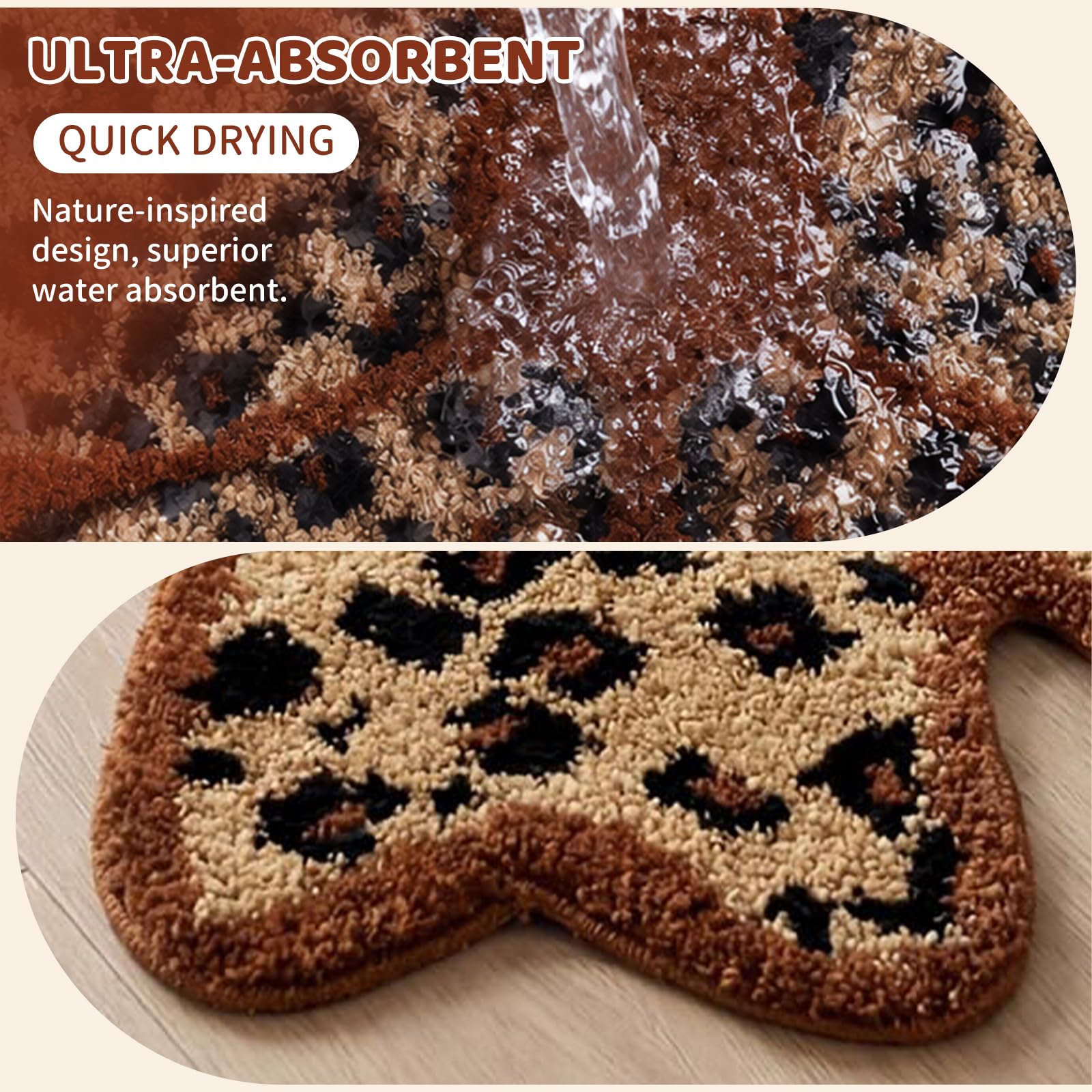 Tappeto da Bagno a Forma di Fiocco con Motivo Leopardo, Antiscivolo, Lavabile, Morbido e Assorbente, Tappeto da Bagno per Soggiorno Camera da Letto, 80 x 56 cm