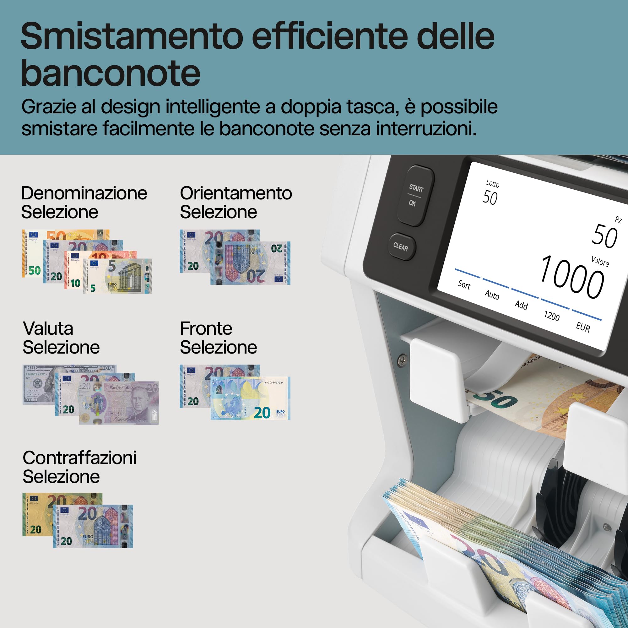 Safescan 2985-SC Contabanconote che conta il valore e ordina le banconote miste - Contabanconote con rilevatore di denaro falso a 10 punti - Contasoldi con l'app gratuita Safescan