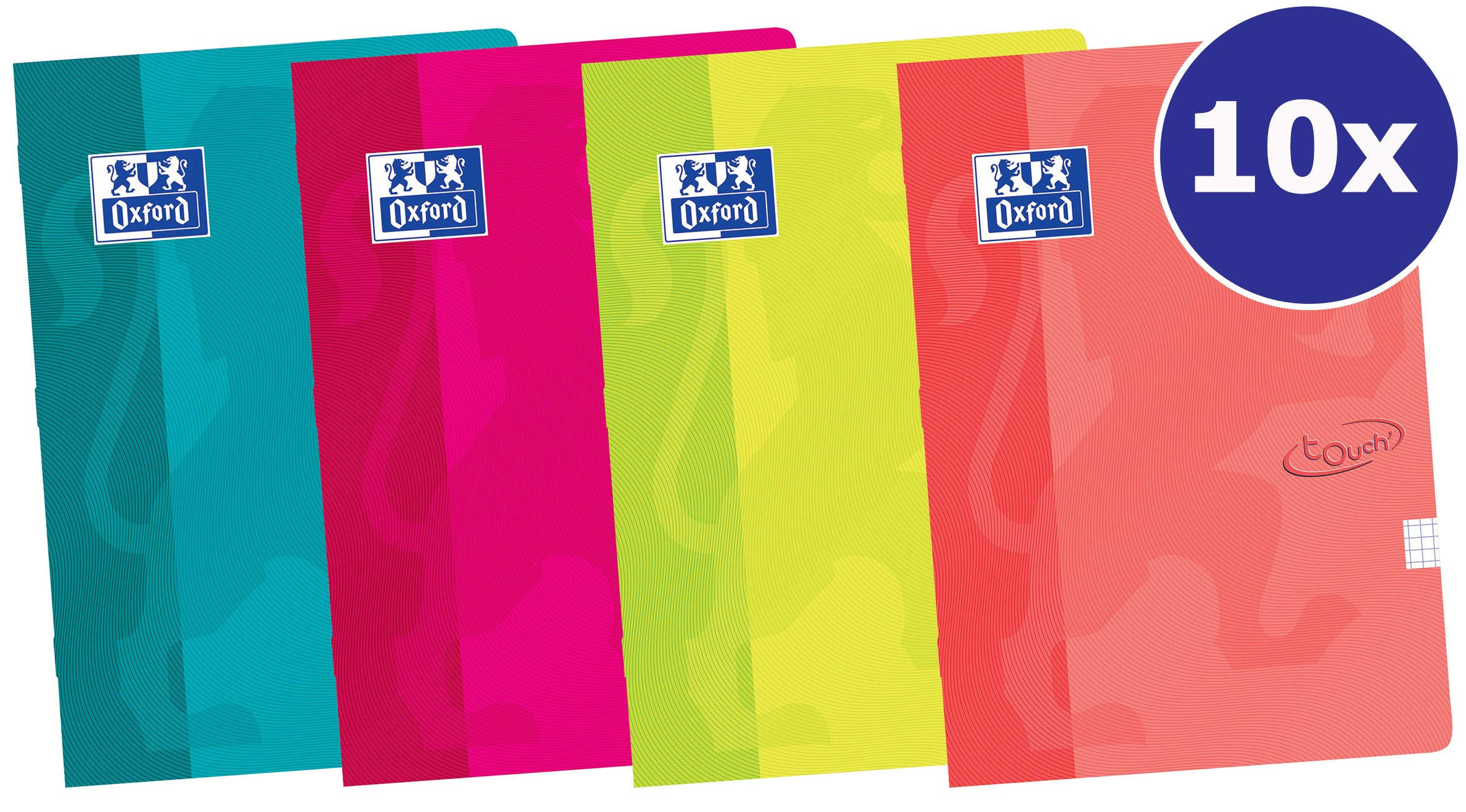 Oxford Touch Notizbuch 10er Pack 4 Farben A4 kariert 10mm 72 Seiten 90g Flexibler Kartondeckel
