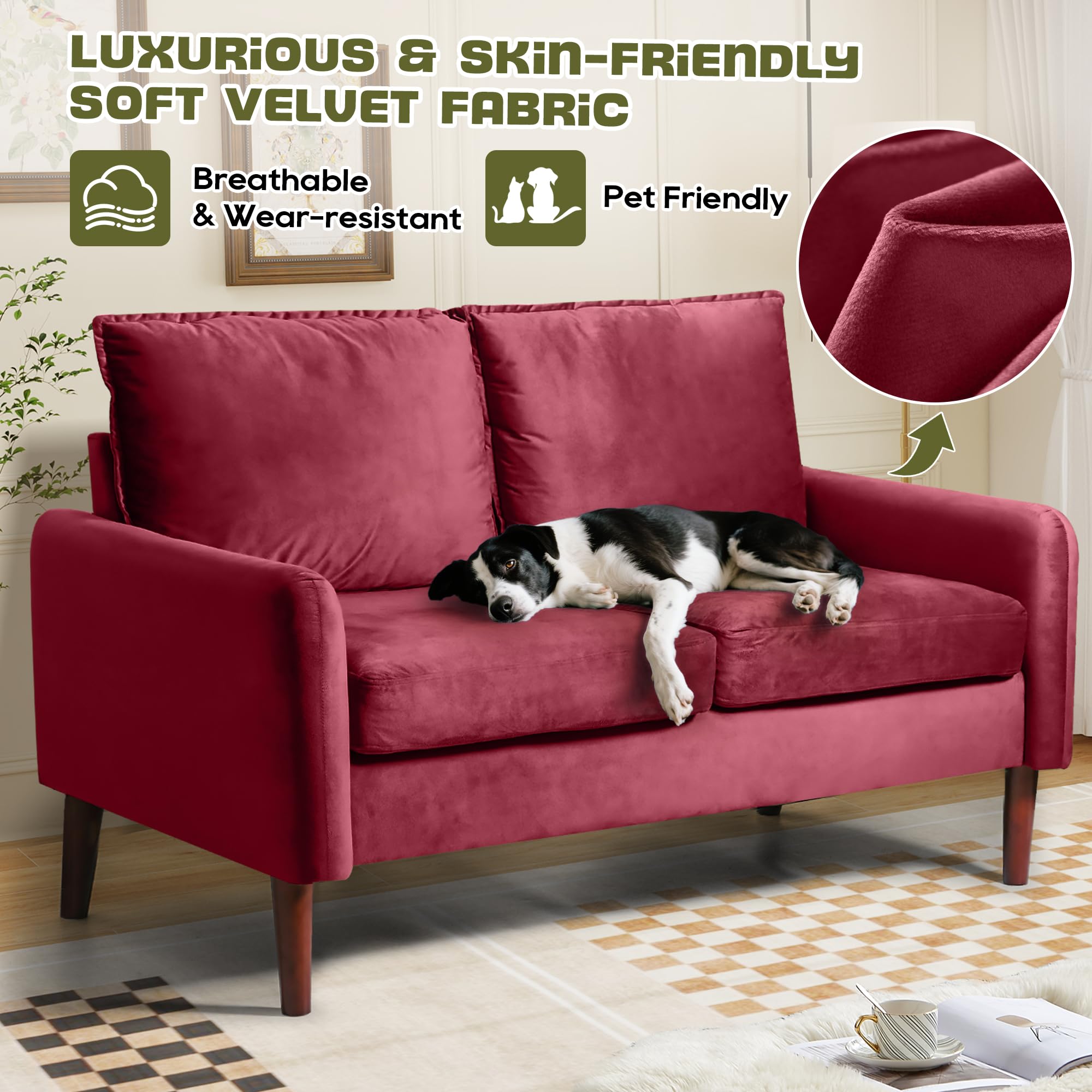 Bilhilury 54" Loveseat Sofa, Velvet Love Seat Couches for Living Room, Loveseat for Small Spaces, Small Couch for Bedroom Apartment Office, Mid-Century Modern Sofa with Throw Pillow,