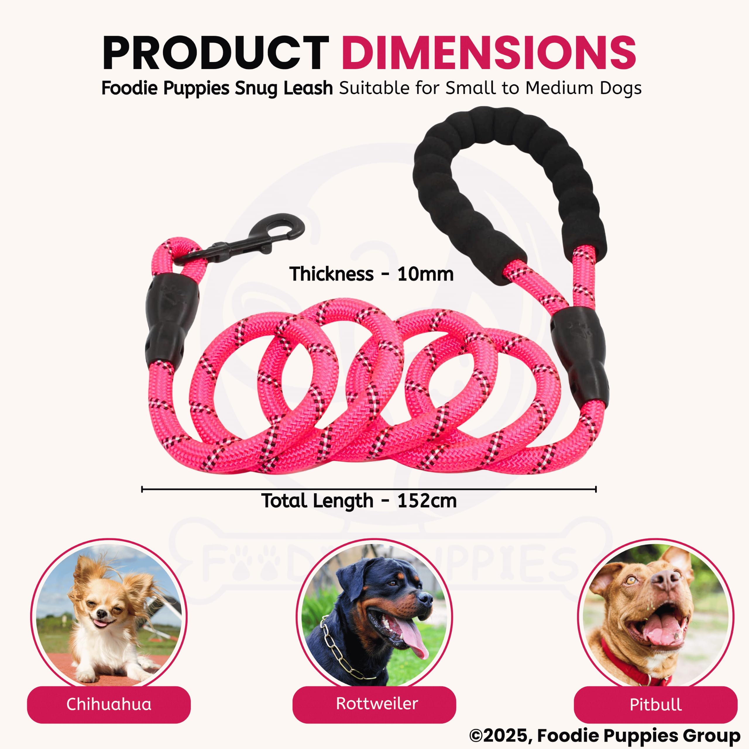Foodie Puppies 5FT Reflective Dog Snug Leash Rope - (Pink) Heavy Duty Training and Walking Leash with Soft Padded Handle Grip Cord and Strong Hook for Small to Medium Dogs