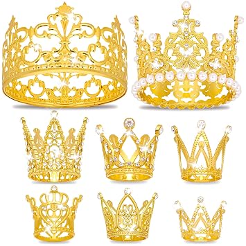 KICOSY 8 Pcs Mini Gold Crowns Set - Small Crowns for Cake, Cupcake & Flower Bouquet Decorations| Ideal for Valentines Day, Mothers Day, Birthday, Wedding & Anniversary