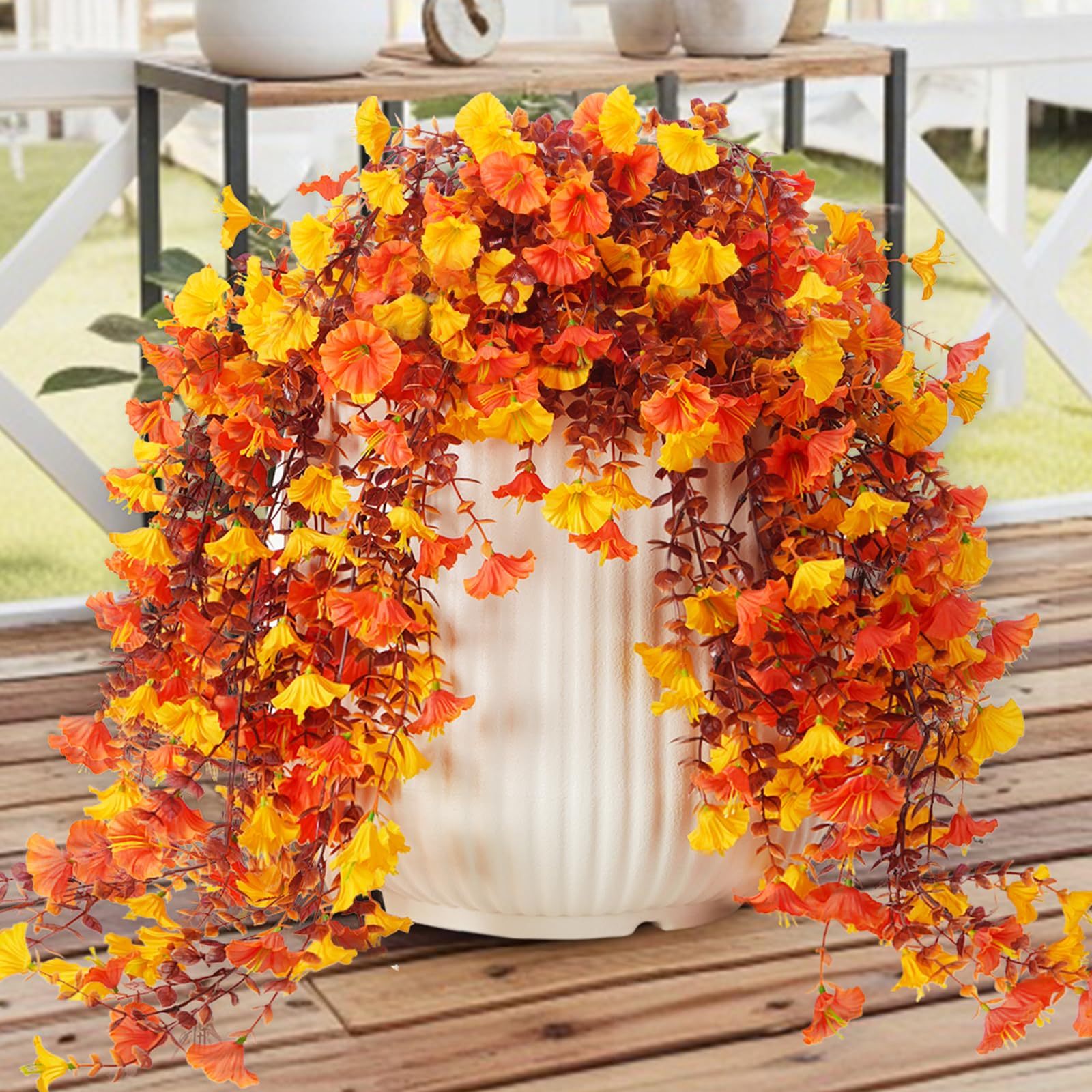 Fanfantoey Fiori artificiali autunnali per decorazione esterna e interna, 5 pezzi, resistenti ai raggi UV, fiori finti da appendere, sembrano vere piante rampicanti lunghe in finta seta, petunie per