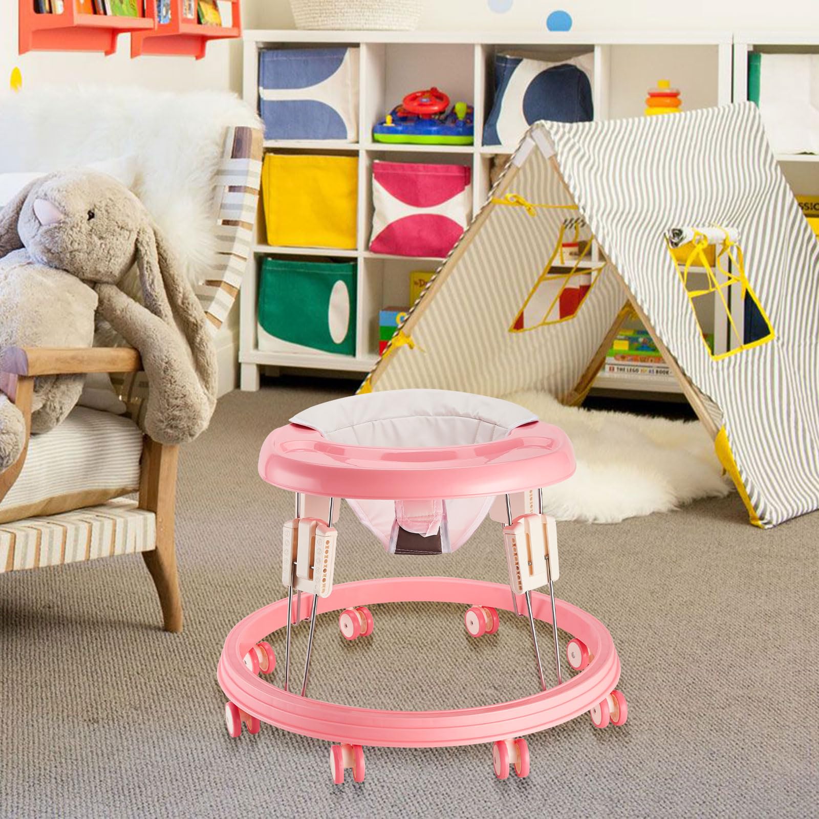 Andador de bebé, plegable, multifunción, antivuelco, 5 niveles de altura ajustable, andadores para bebés de 6 a 15 meses, apto para todos los terrenos (rosa)