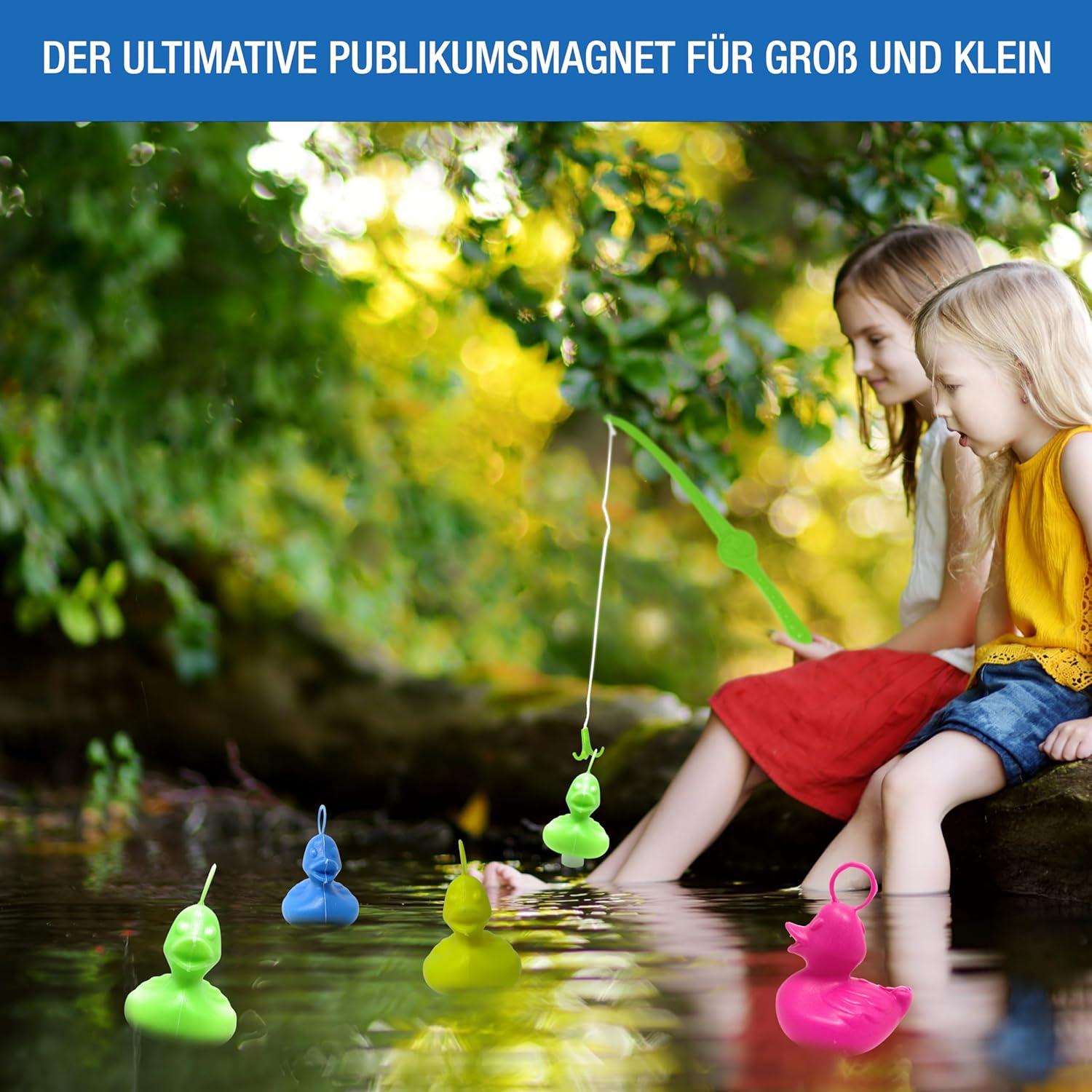 AMLI Duck Fishing, 8 x Colourful Ducklings with Eyelet and Weight, Includes 2 Fishing, Duck Fishing Game, Water, Large, Perfect for Company Parties, Nursery, Children's Birthday, Swimming Ducks for