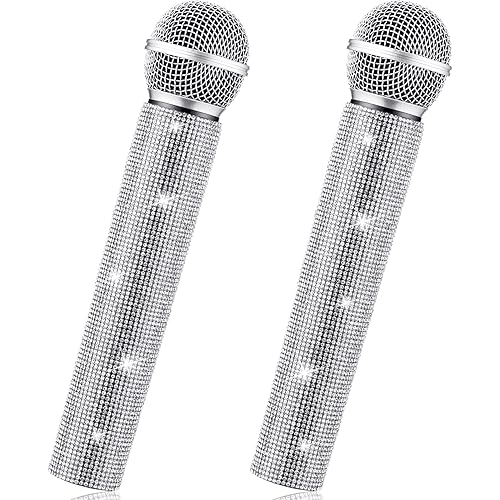 Threan 2 Pcs Fake Microphone Prop Halloween Toy Sparkly Glitter Rhinestone Bling Pretend Plastic Play Microphone Toy Mic Novelty Party Favor for Halloween Cosplay Party Costume(Silver)