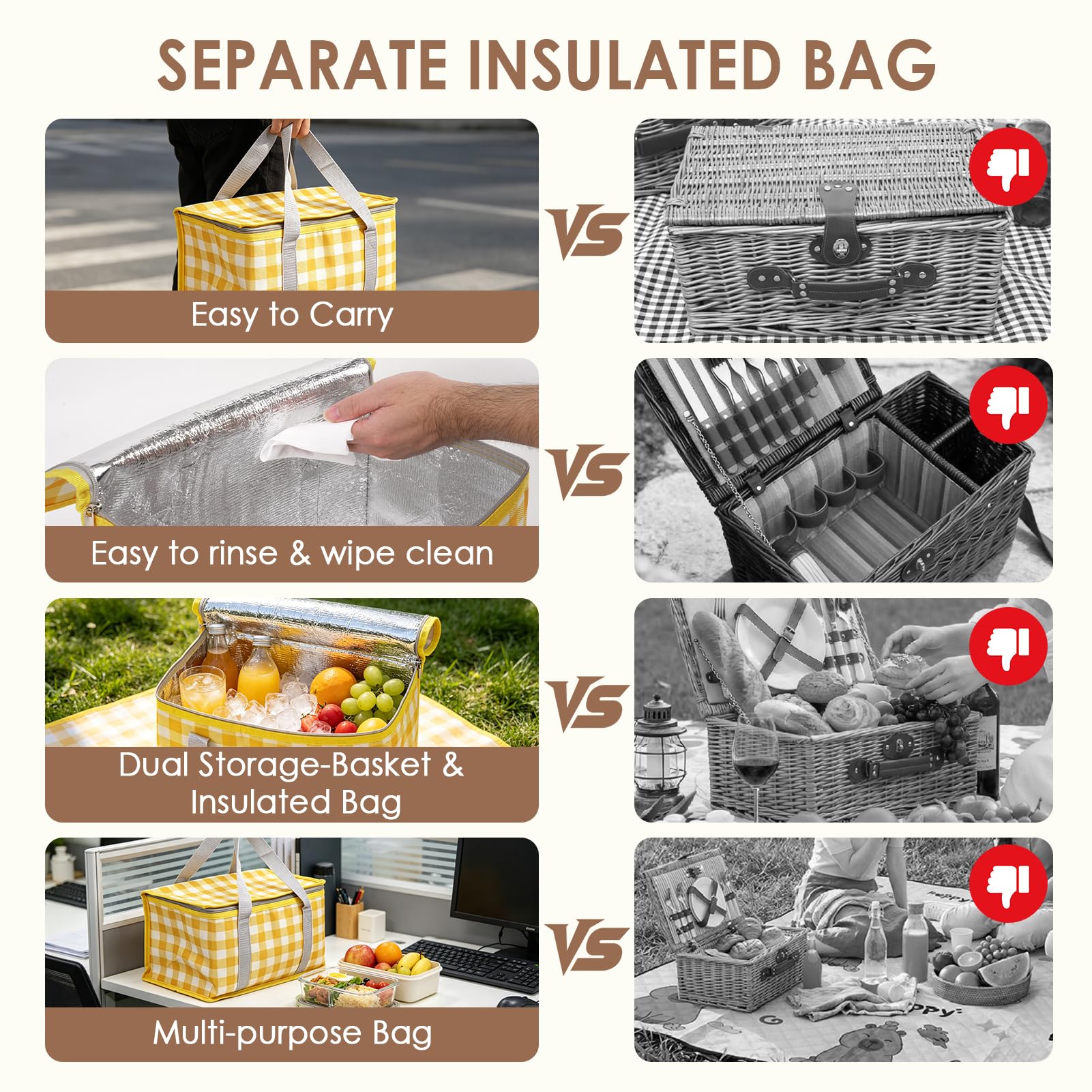 DEWEL - Set di cestini da picnic per 4 persone, con coperta da picnic resistente e impermeabile, borsa termica e set di carte, ideale per campeggio, gite