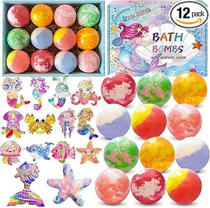 Bath Bombs for Kids with Surprise Inside, 12pcs Kids Bath Bombs with Mermaid Toys Gift Set for Girls, Shea & Coco Butter Dry Skin Moisturize, Handmade Fizzies Bubble Spa Bath Ball for Birthday Easter