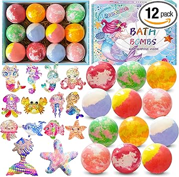 Bath Bombs for Kids with Surprise Inside, 12pcs Kids Bath Bombs with Mermaid Toys Gift Set for Girls, Shea & Coco Butter Dry Skin Moisturize, Handmade Fizzies Bubble Spa Bath Ball for Birthday Easter