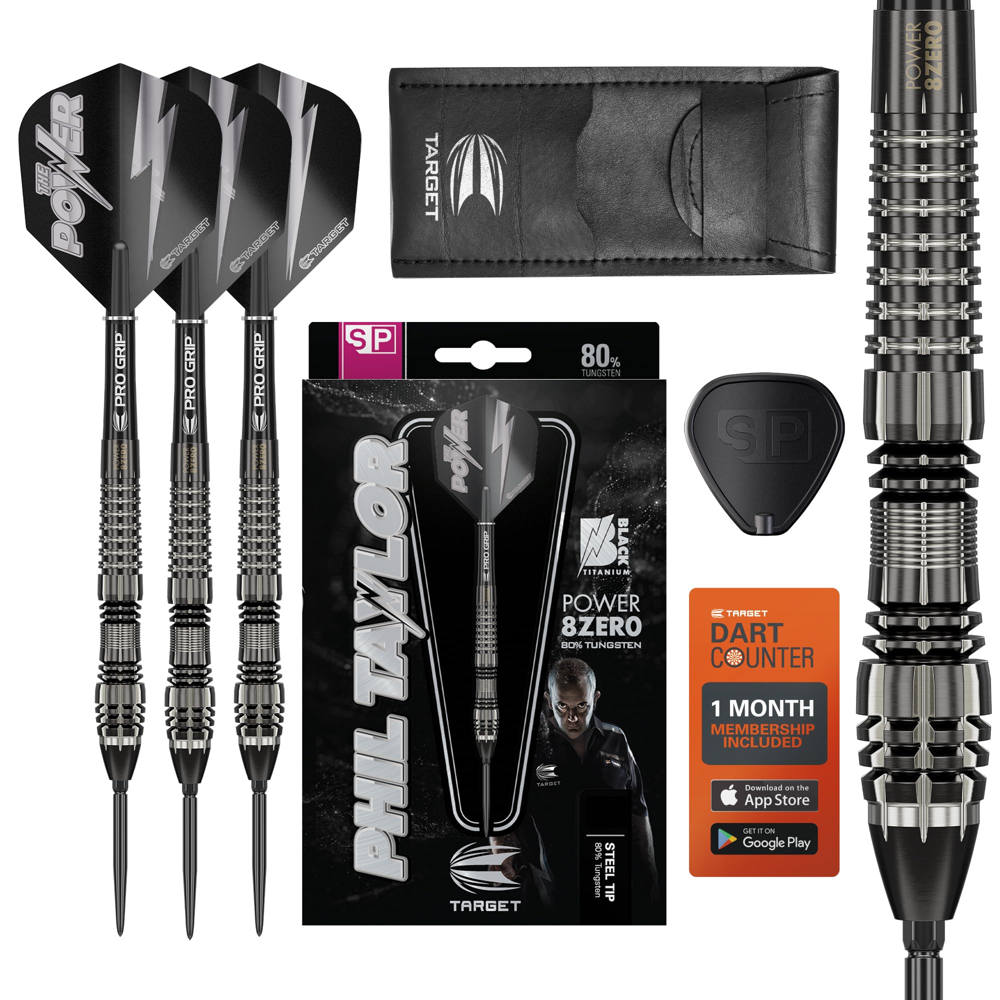 Target DartsPhil Taylor Power 8-Zero 4 Black Steel Tip Darts, 80% Tungsten Dart Set, P8Z4, 21G/23G/25G | Player Edition Darts with Swiss Point Tips or Fixed Points | Black Darts Case Included