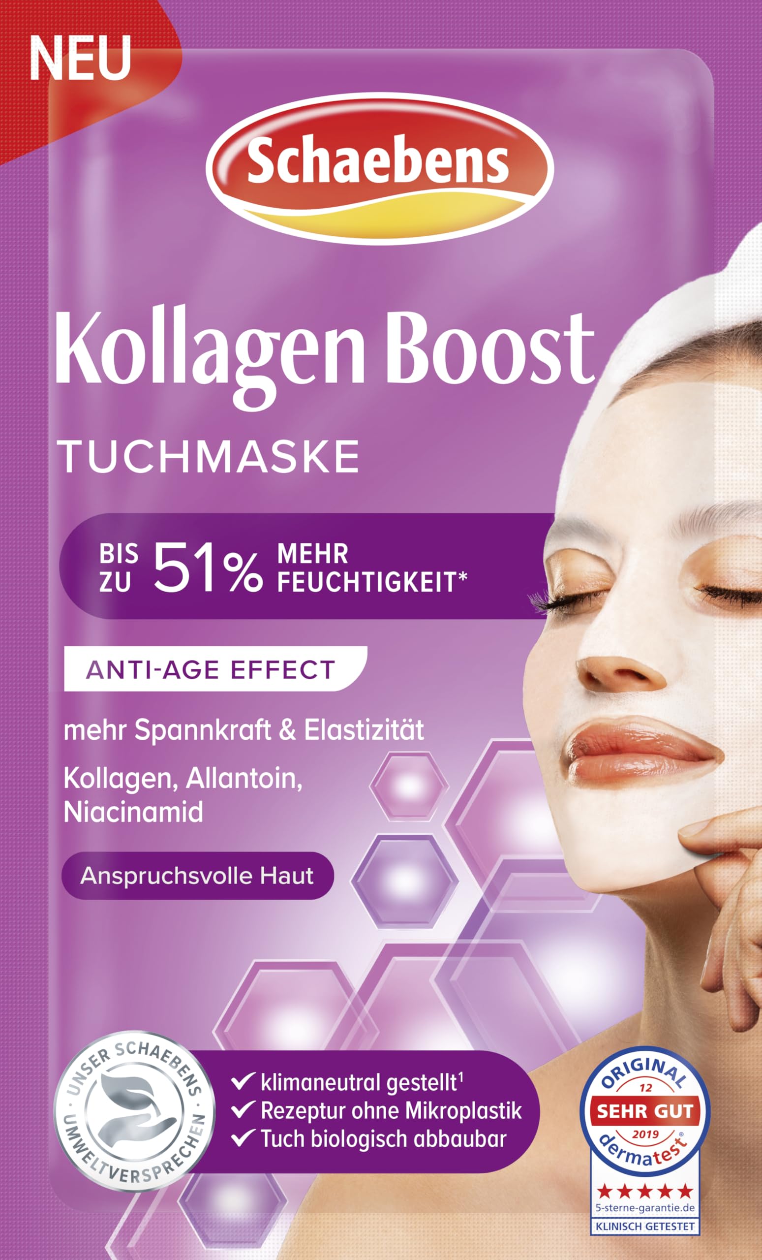 Schaebens Kollagen Boost Tuchmaske, Anti-Age Effect mit Kollagen, Allantoin und Niacinamid für anspruchsvolle Haut.
