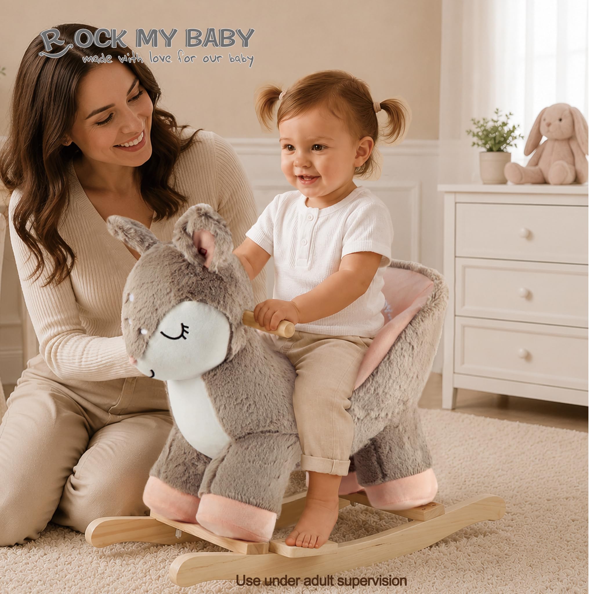 Cavallo a dondolo in peluche, corpo imbottito, sedia di sicurezza, sedia a dondolo in legno, pulsante musicale, giocattolo per bambini da 1 a 3 anni (cervo rosa)