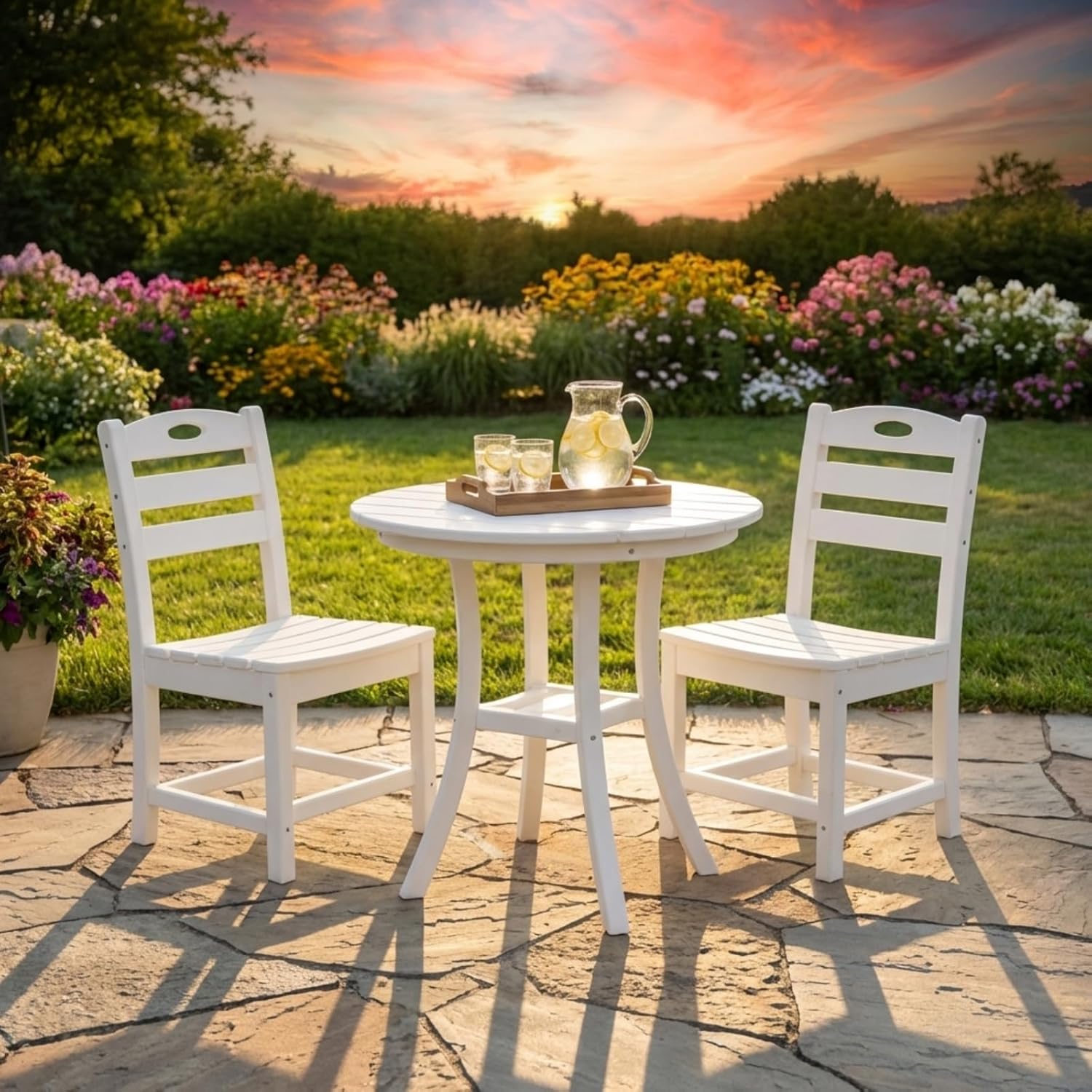 3-Piece HDPE Outdoor Patio Bistro Set, Round Table with 2 Chairs for Balcony, Porch & Garden, White