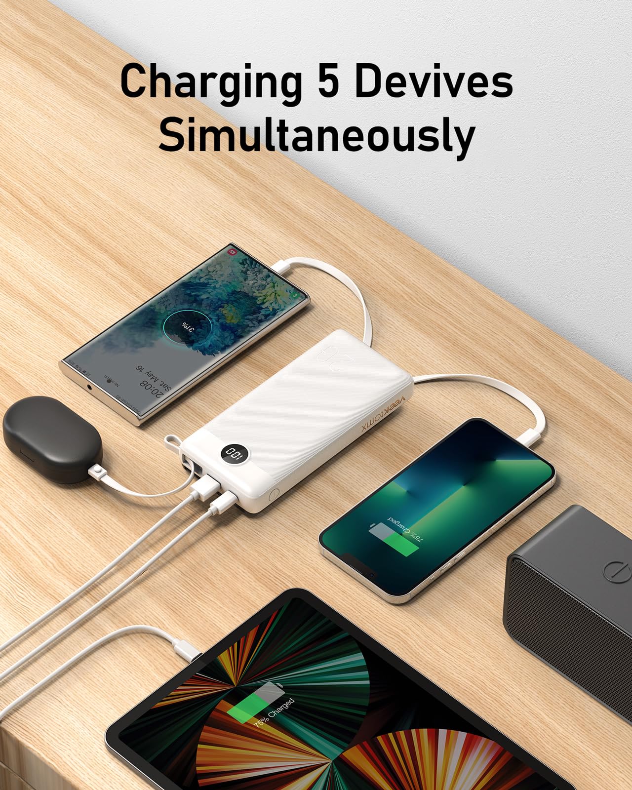Power Bank 20000mAh Batteria Esterna con Cavi Integrati Caricatore Portatile Powerbank USB C con 5 Uscite e 2 Ingressi Compatibile con iPhone, iPad, Samsung, Huawei, Xiaomi (Bianco)