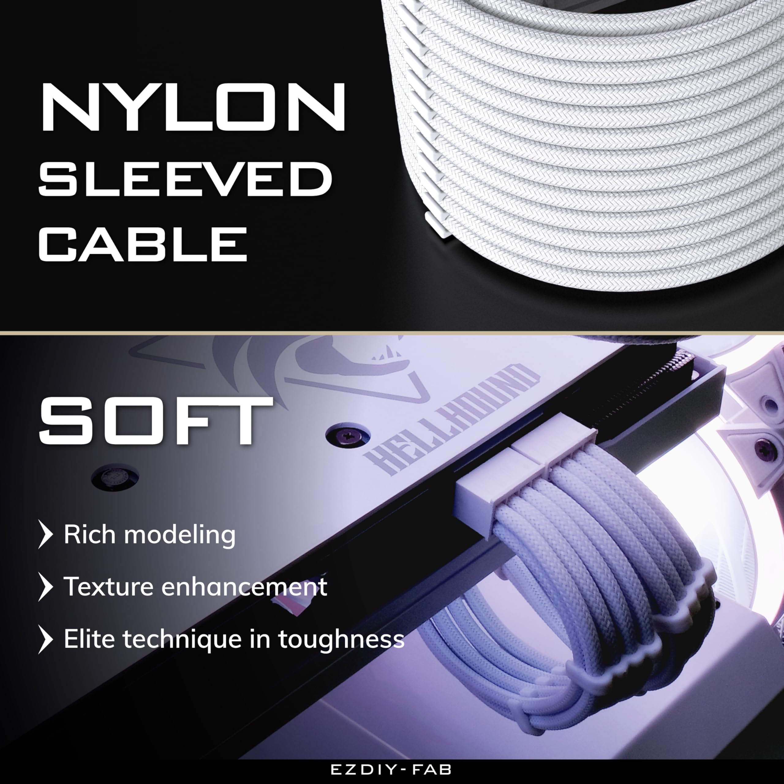 EZDIY-FAB Cavo di Estensione PSU con Sleeved Custom Mod GPU PC Alimentazione Morbido Nylon Intrecciato con kit Pettine 24PIN/3x 8PIN a 6+2Pin/2X 8PIN a 4+4PIN-300MM/11.8in-Tutto Bianco