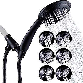 High Pressure Shower Head 6 Spray Setting Hand Held Shower Head with Adjustable Solid Brass Showe...