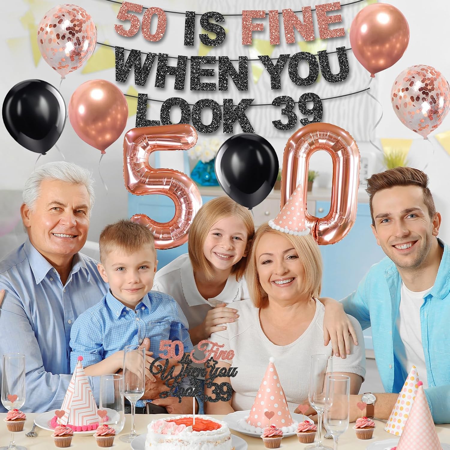50th Birthday Decorations for Women, Pre-Strung 50 Is Fine When You Look 39 Banner, 50 Balloons Cake & Cupcake Toppers Party Supplies Kit, 50 Year Old Birthday Party Decorations - Image 7