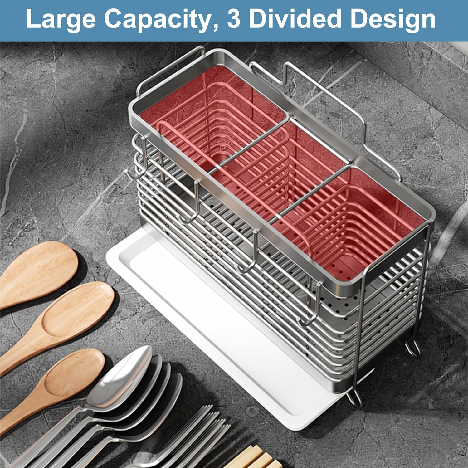 Utensil Holder, Stainless Steel Utensil Drying Rack with Drain Tray, Kitchen Counter Drainer Basket Silverware Cutlery Flatware Holder Forks, Knives, Spoons, Chopsticks Organizer (Silver) - Image 4