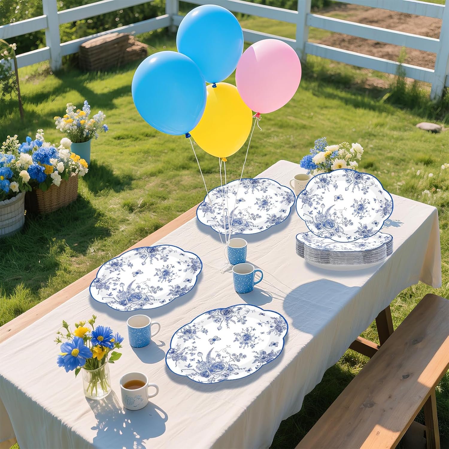 Grencian 150 Pcs Blue Floral Paper Plates Disposable Blue and White Floral Scalloped Plates Heavy Duty Vintage Flower Dinner Dessert Platters for Wedding Bridal Shower Decorations Tea Party Supplies