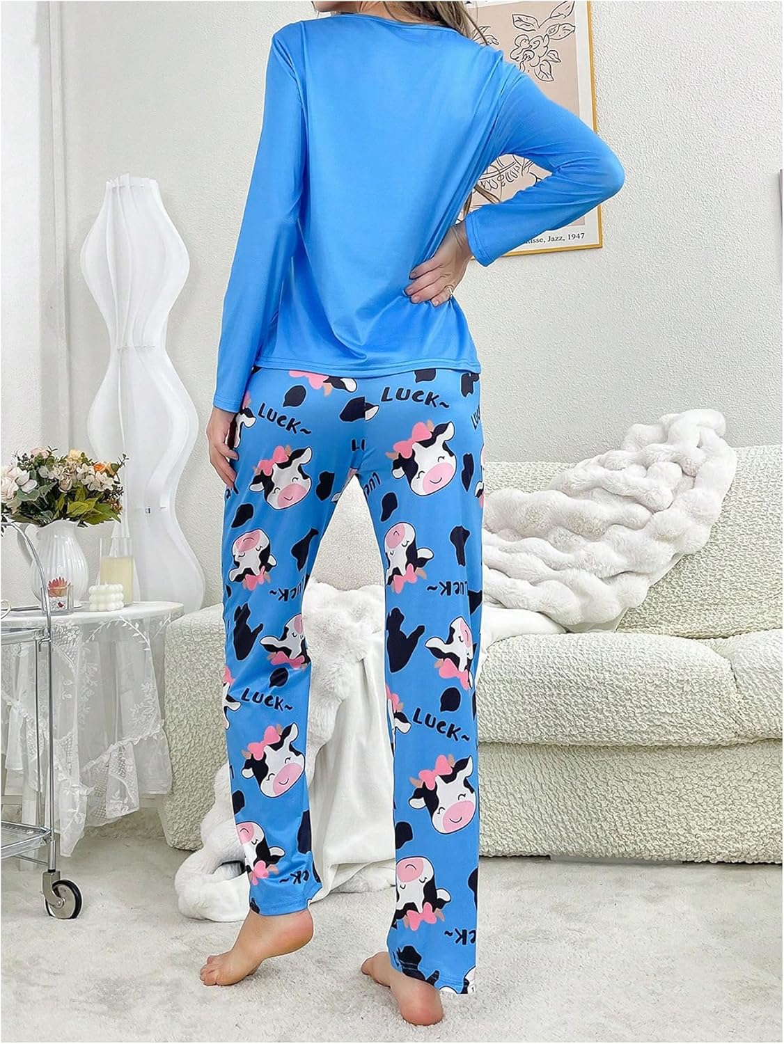 WDIRARA Women's Cute Cow Print Pajama Set Long Sleeve 2 Piece Sleepwear Pants Pjs Set - Image 2