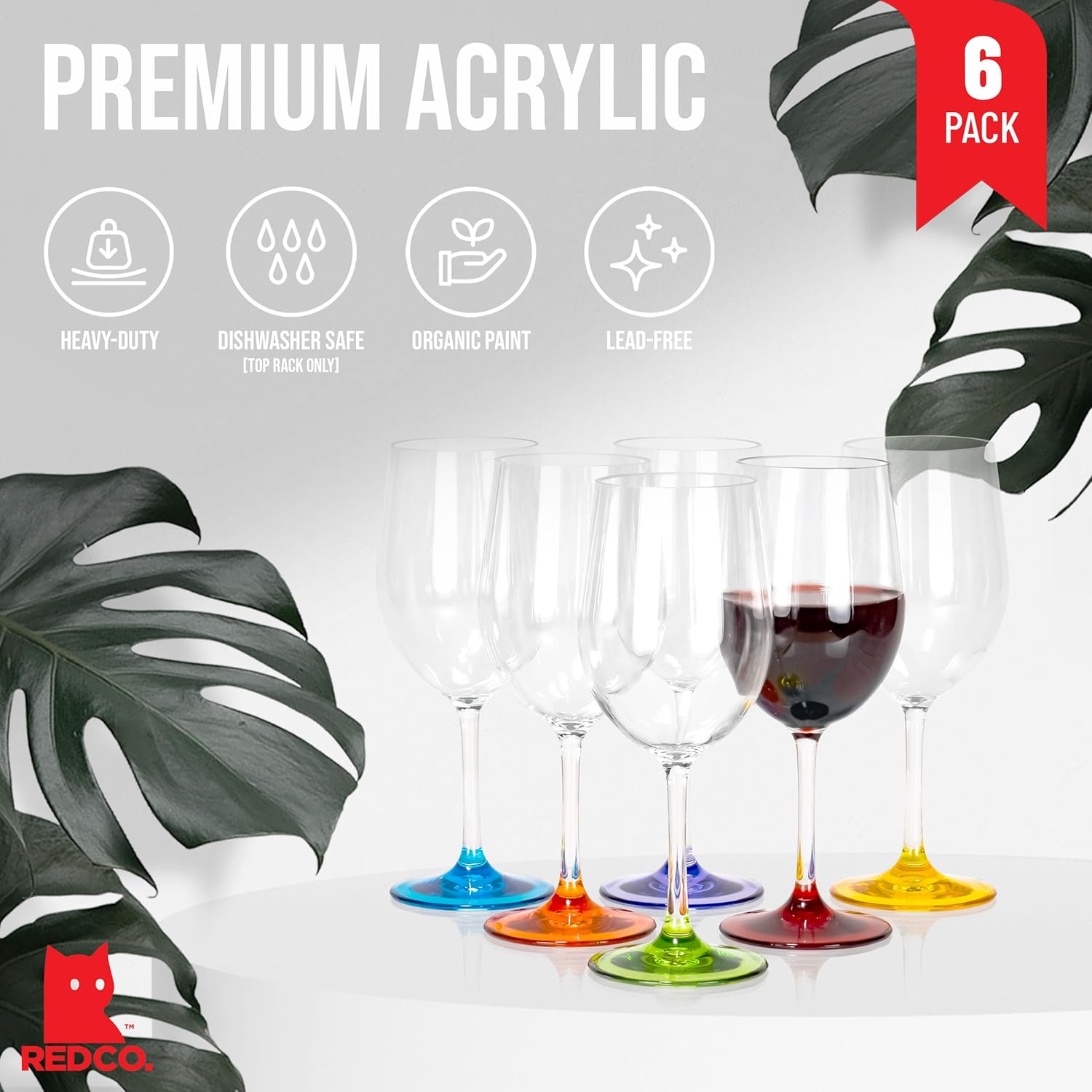 Red Co. Set of 6 Classic Clear Acrylic 12 Fl Oz Outdoor Wine Goblets with Colored Bases - Image 2